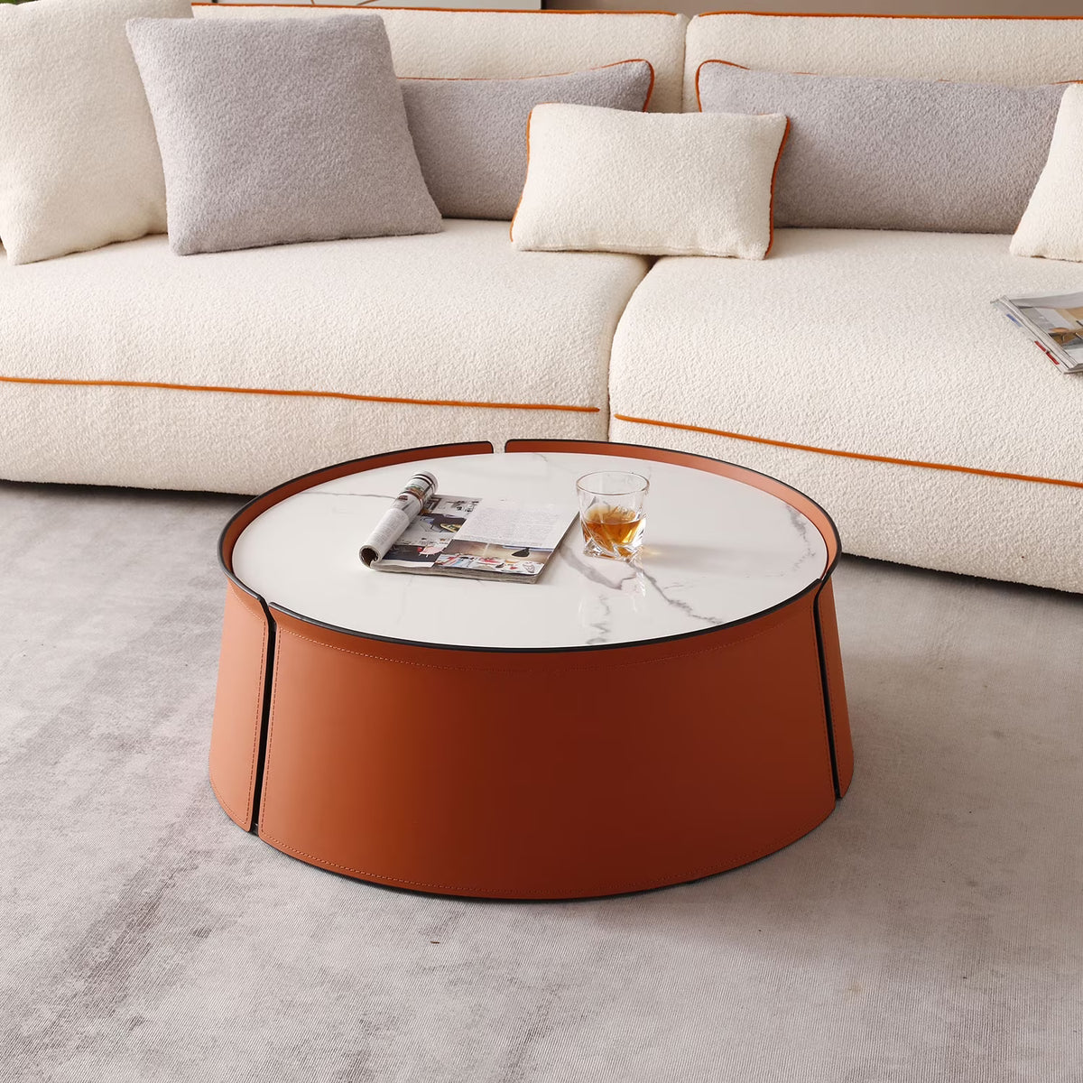 31.5 in Coffee Table, Marble Top+Orange Saddle Leather Body+Iron Frame
