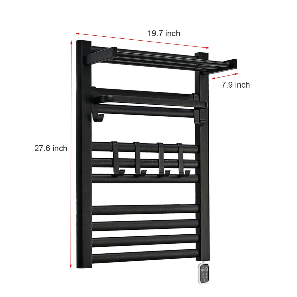 Heated Towel Rack Aluminum Heater Bathroom Warmer Shelf, Remote Control, 10 Rails+ 6 Hooks