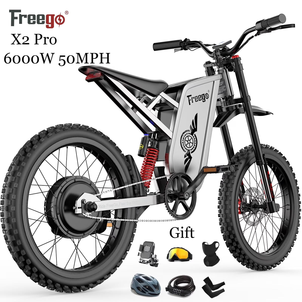 6000W(Peak) Motor 60V/30ah Battery Freego X2pro Electric Motorcycle for Adults, Electric Bike, 50MPH/7 Speed Off Road Electric Bicycle, 19x2 Full Suspension/Four - Piston Hydraulic Brake UL2849MTB