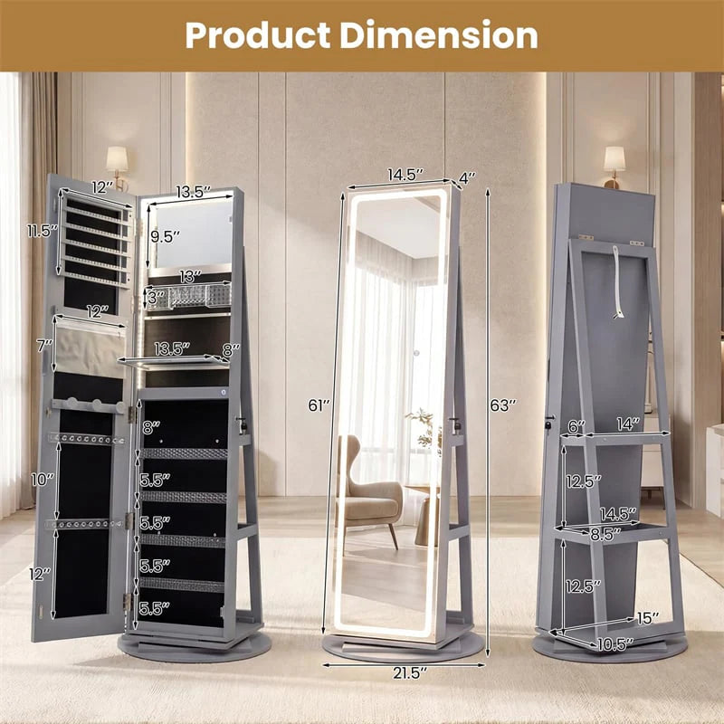 360° Swivel Jewelry Cabinet Armoire w/ Full Length Mirror 3-Color LED Lights & Rear Shelves, Lockable Standing Jewelry Storage Organizer