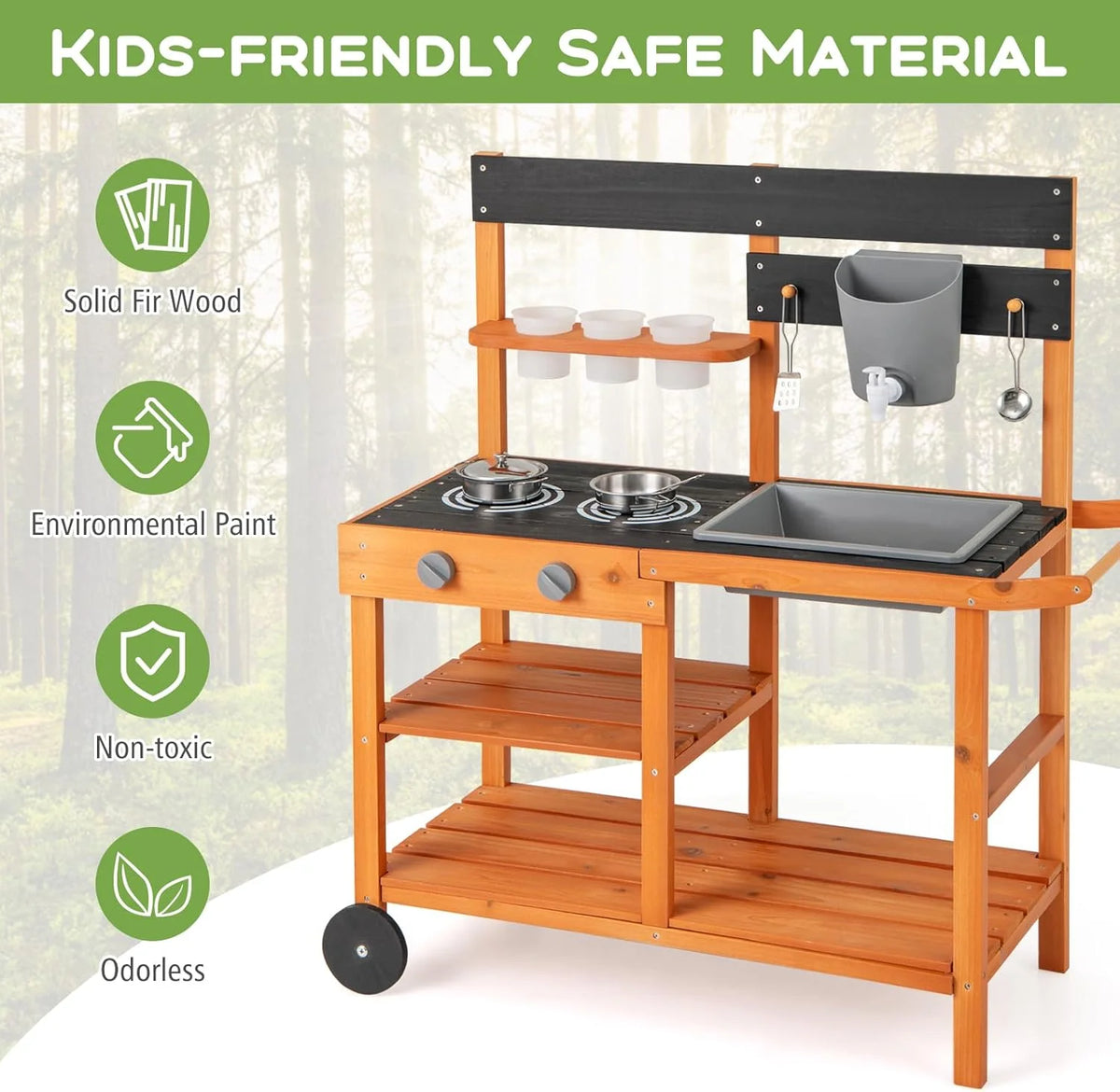 OLAKIDS Mud Kitchen, Outdoor Play Kitchen with Wheels 3 Cups Removable Sink Cooking Accessories Wooden Kids Kitchen Playset Backyard Garden Toys Gift for Boys Girls Ages 3+