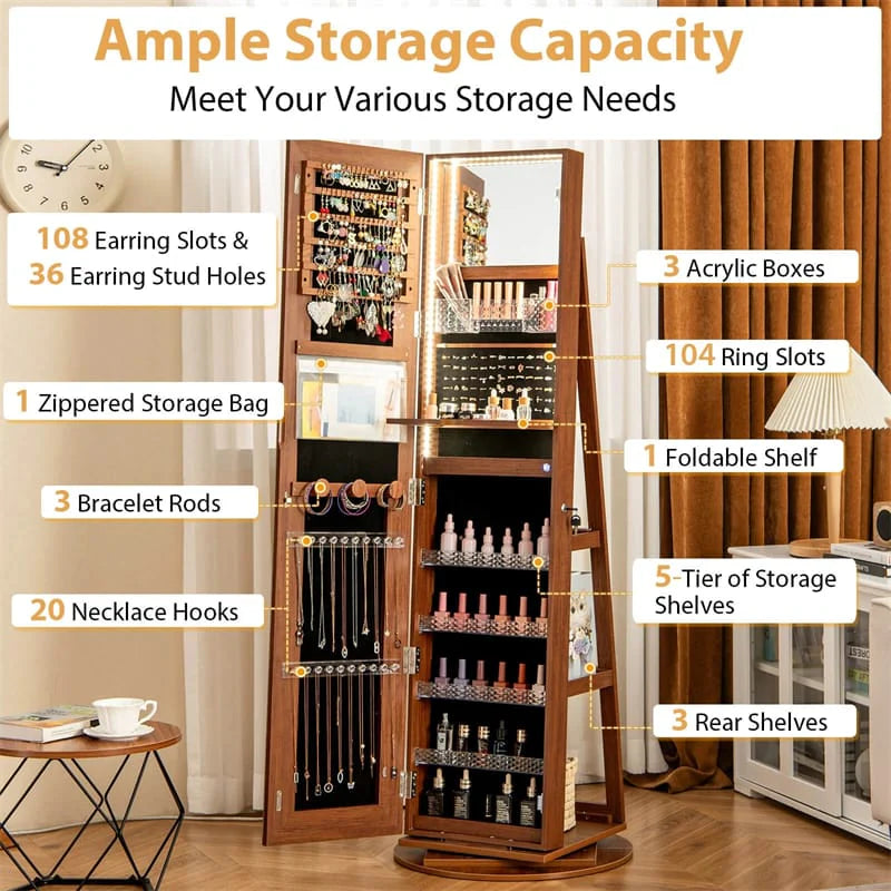 360° Swivel Jewelry Cabinet Armoire w/ Full Length Mirror 3-Color LED Lights & Rear Shelves, Lockable Standing Jewelry Storage Organizer