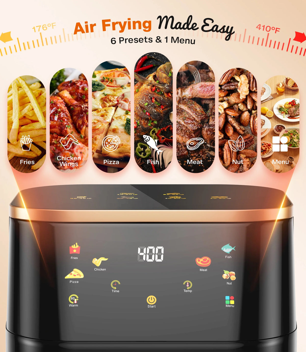 Suodoka Air Fryer 10 Qt Max 450F for Cooking, 6 Presets Fry Touch Panel Easy View Window, New Black