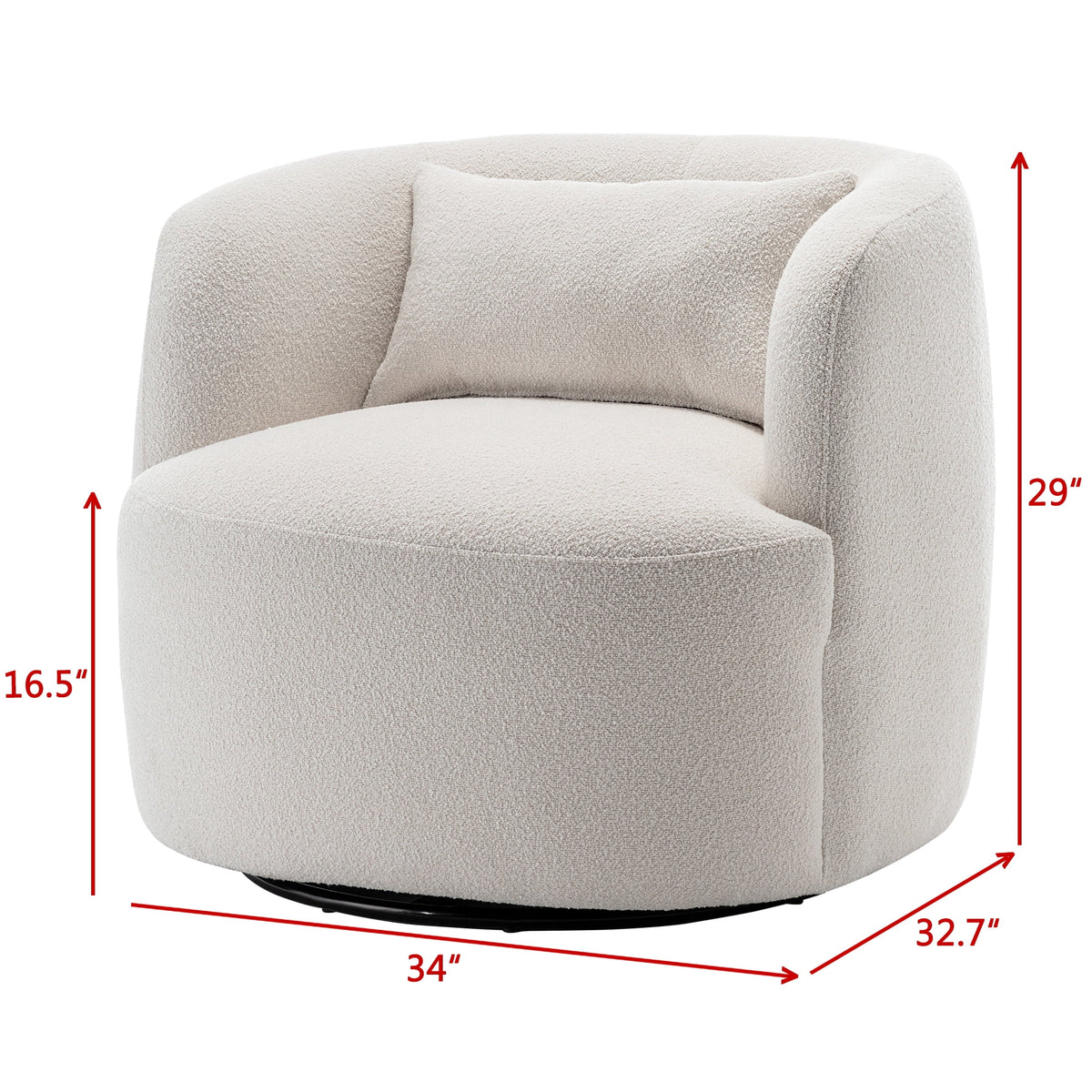 34" Wide Boucle Swivel Barrel Chair, No Assembly Round Upholstered Armchair Accent Chair Single Sofa Chair with Toss Pillow for Living Room and Bedroom, Taupe
