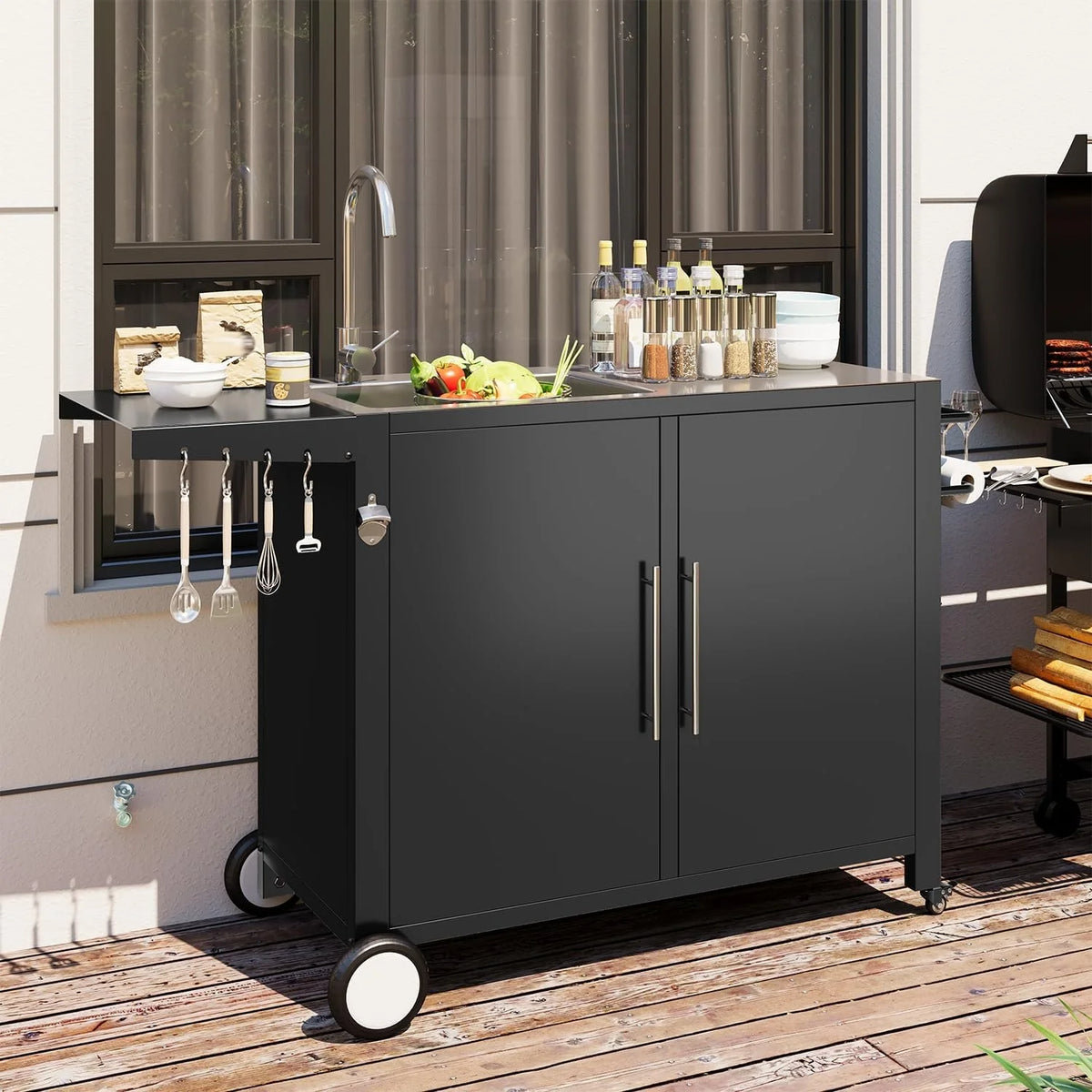 AECOJOY Outdoor Kitchen Sink with Hose Hook up, Stainless Steel Grill Prep Table Kitchen Cabinets Island