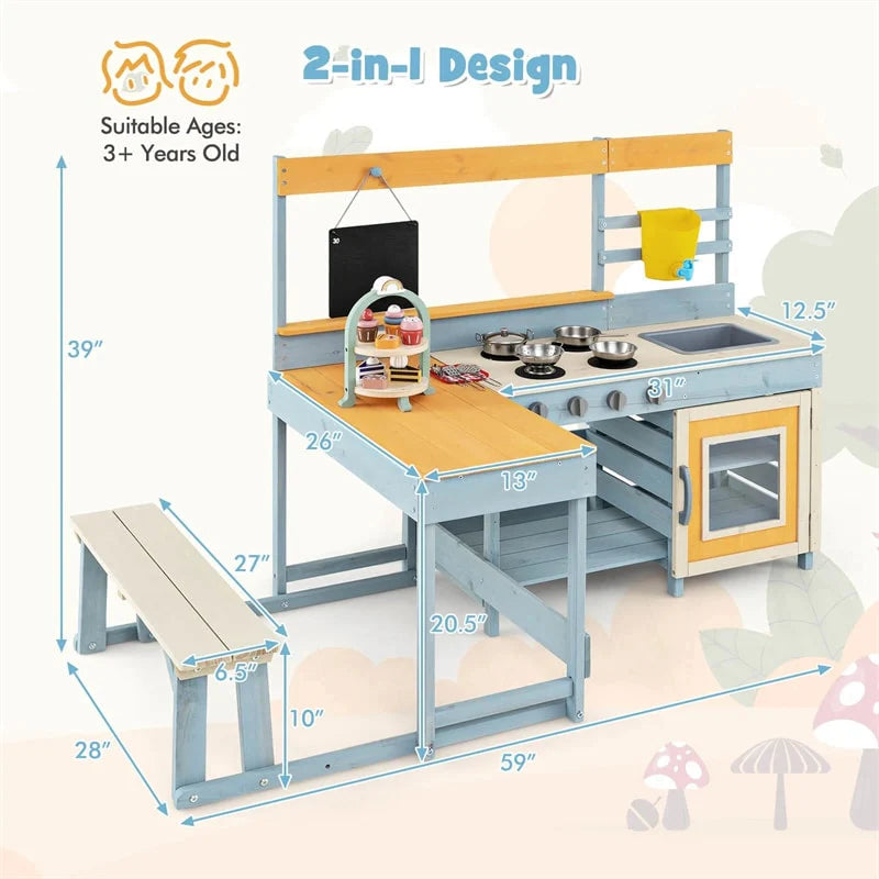 2-in-1 Mud Kitchen & Kids Picnic Table Built-in Bench, Fir Wood Outdoor Play Kitchen Playset with Blackboard, Sink & Cooking Accessories for Ages 3+