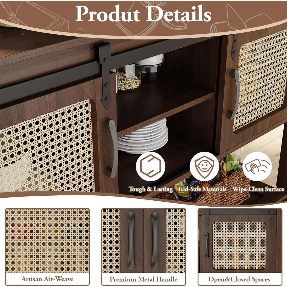 AECOJOY Buffet Cabinet, Coffee Bar Storage Cabinet, 46'' Coffee Bar Table with Rattan Sliding Barn Door, Adjustable Shelves and Bottom Open Shelf