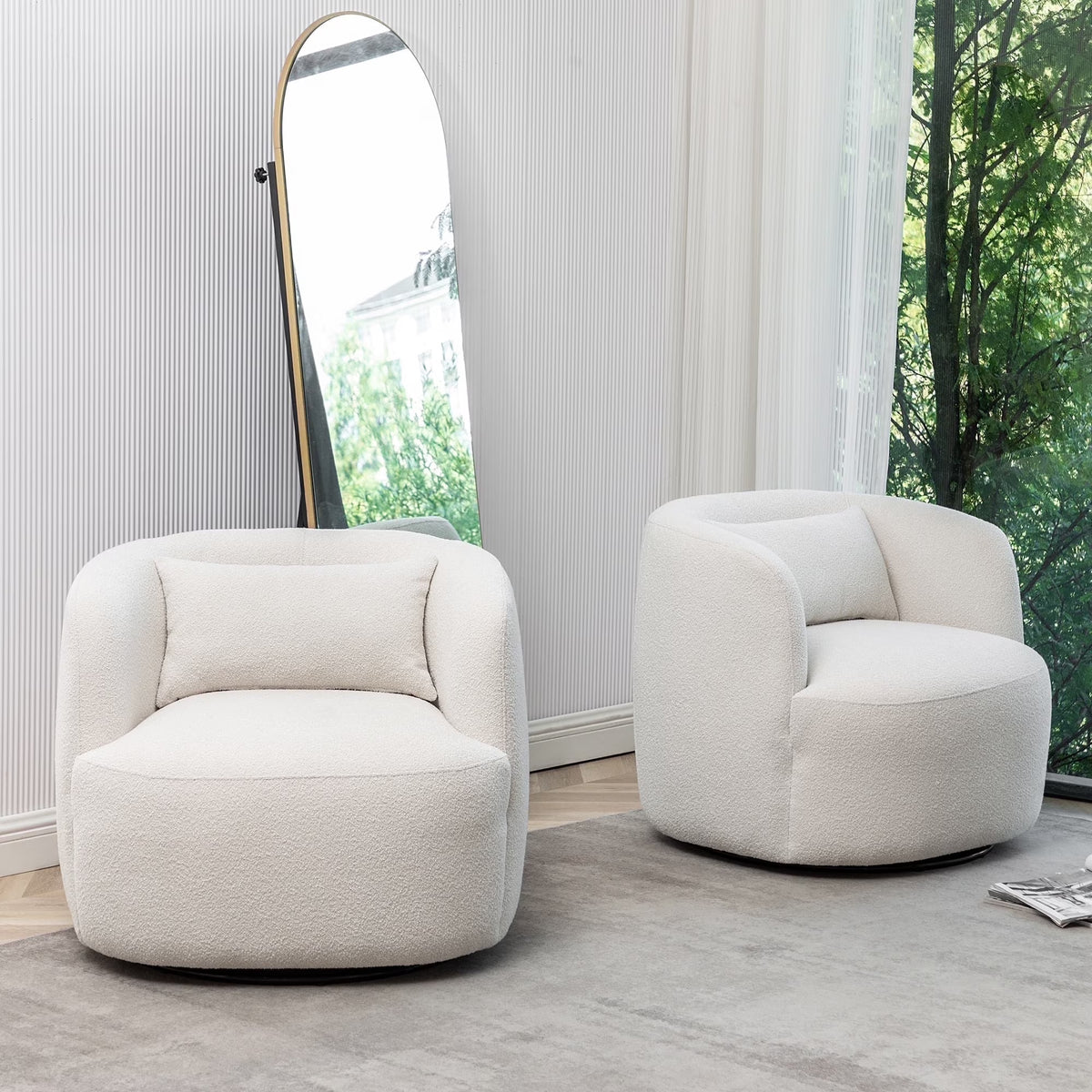 34" Wide Boucle Swivel Barrel Chair, No Assembly Round Upholstered Armchair Accent Chair Single Sofa Chair with Toss Pillow for Living Room and Bedroom, Taupe