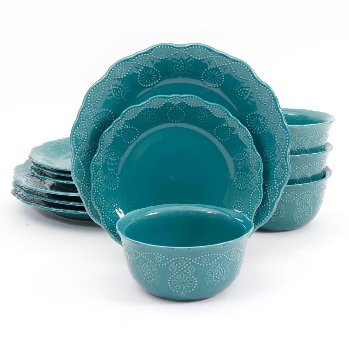 The Pioneer Woman Cowgirl Lace 12-Piece Dinnerware Set - Teal