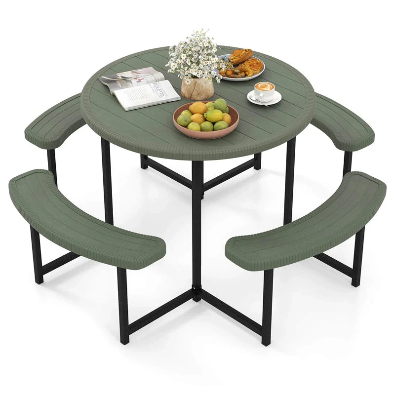 8 Person Round Outdoor Picnic Table Bench Set with Umbrella Hole, All-Weather HDPE Tabletop & Metal Frame for Patio Garden Yard