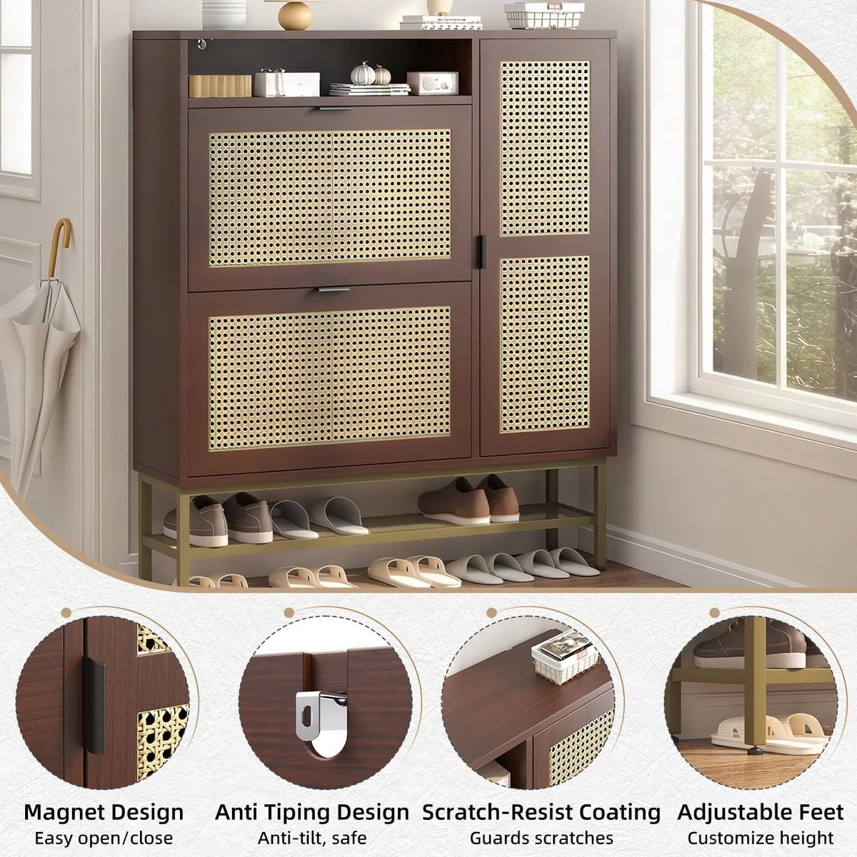 AECOJOY Rattan Shoe Cabinet with 3 Flip Drawers, Free Standing Shoe Storage Organizer with Adjustable Shelves, Fits 13 Shoes