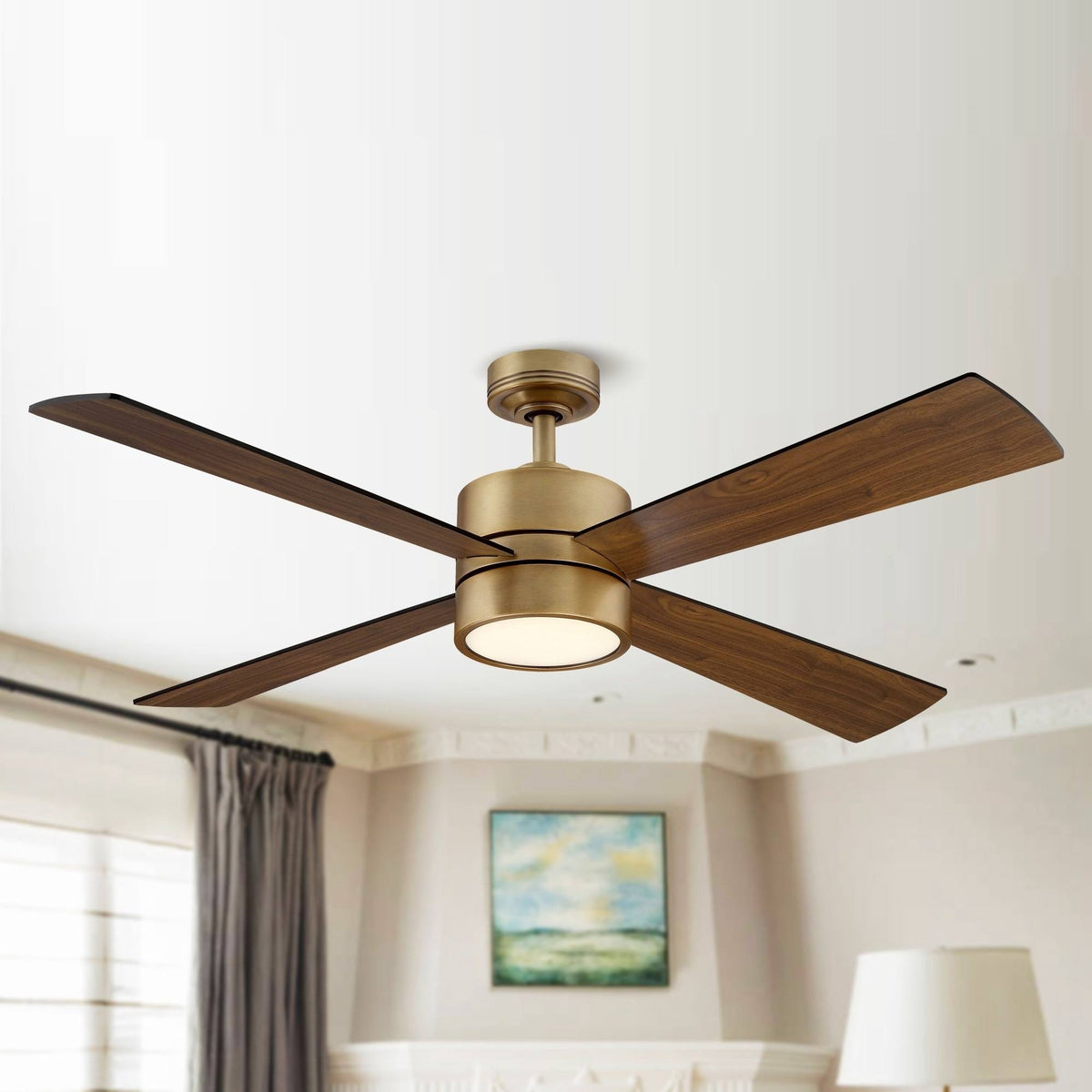 52" Wooden 4-Blade Brushed Brass LED Ceiling Fan with Remote - Walnut