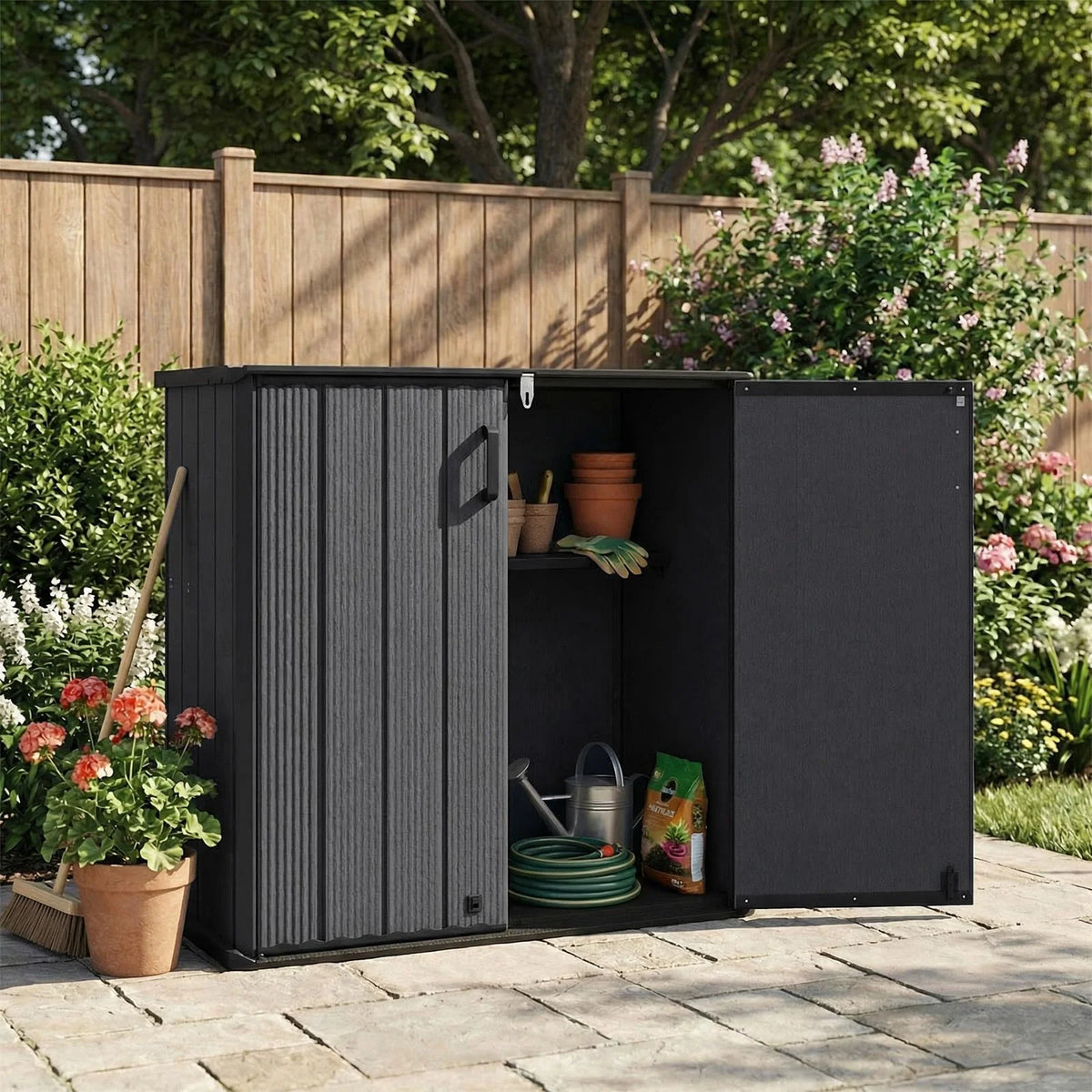 Tangkula 175 Gallon All-Weather Outdoor Storage Box with Lockable Door & Removable Shelf
