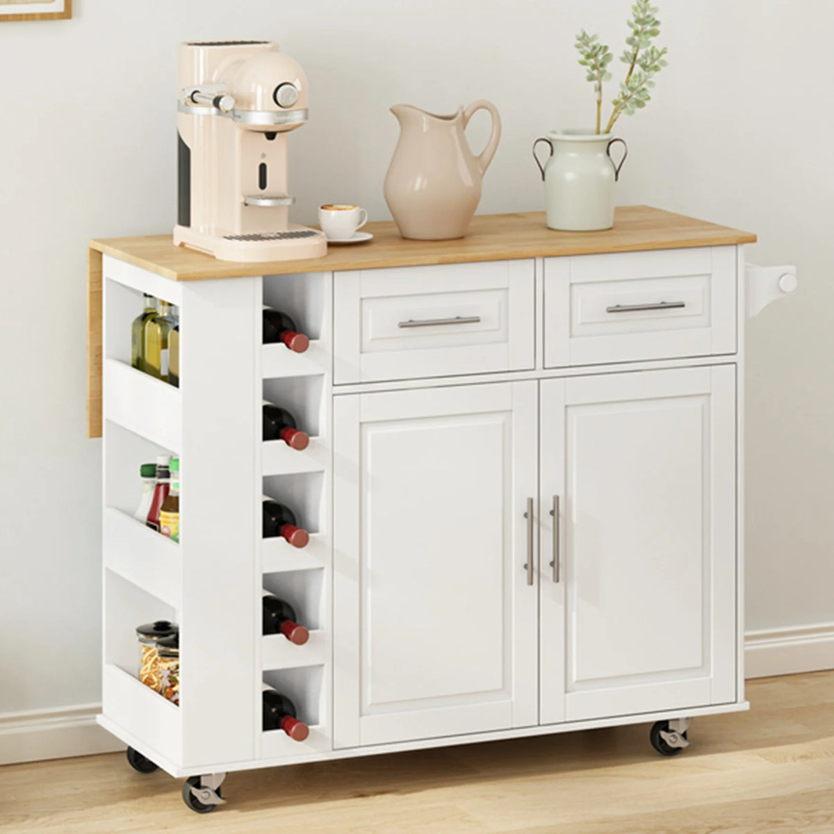 Movable Kitchen Island Cart with 2 Door Cabinet, 2 Drawers and Drop Leaf Top, Island Table with Spice Rack, Towel Holder, Wine Rack and Wheels, Kitchen Storage Cabinet, White