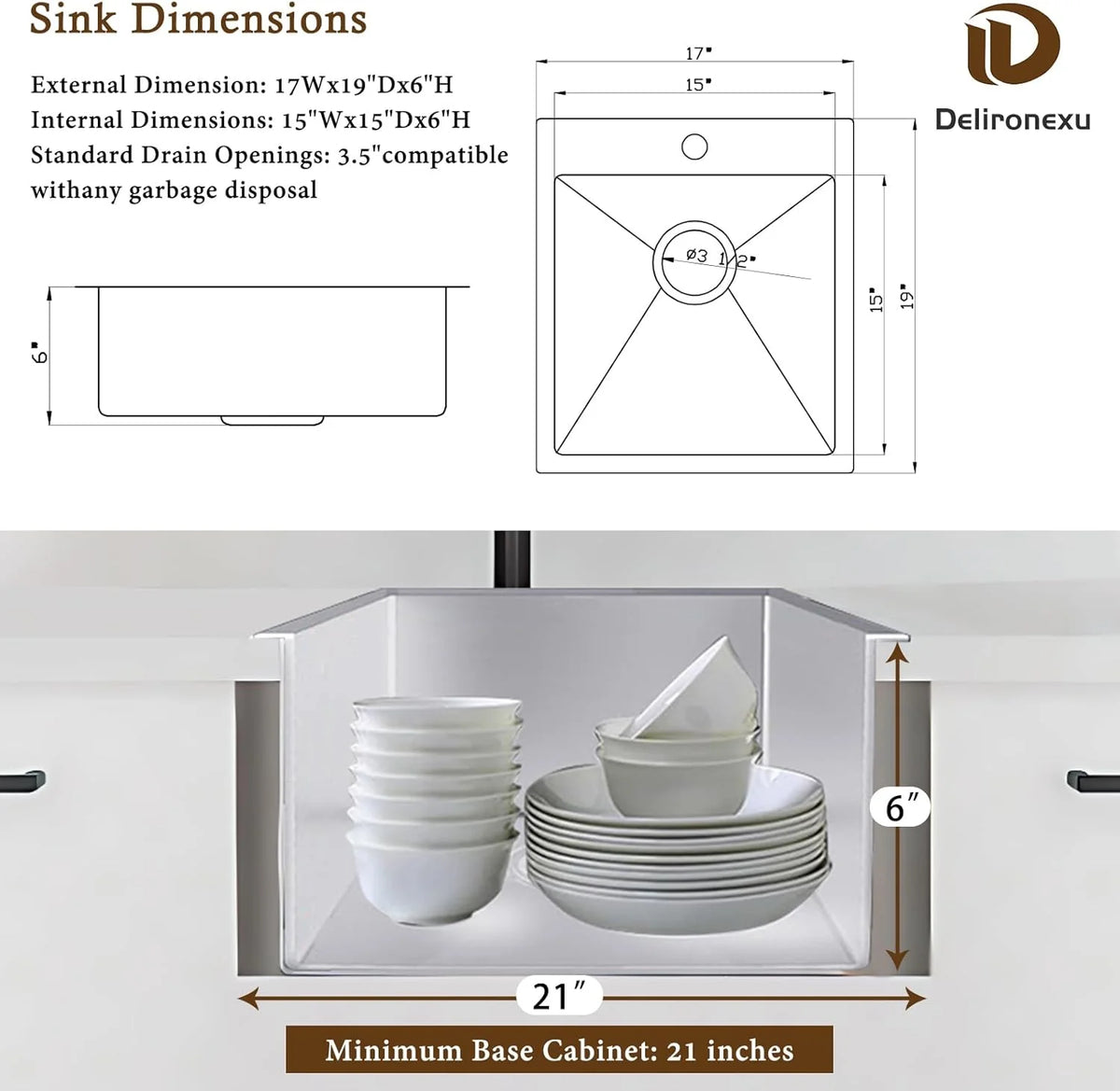 17 in Bar Sink Drop in - Small Kitchen Sink, Modern 18 Gauge Stainless Steel Sink with Brushed Finish, 17"x19"x6" Single Bowl Kitchen Sinks for RV, Prep, and Outdoor Use