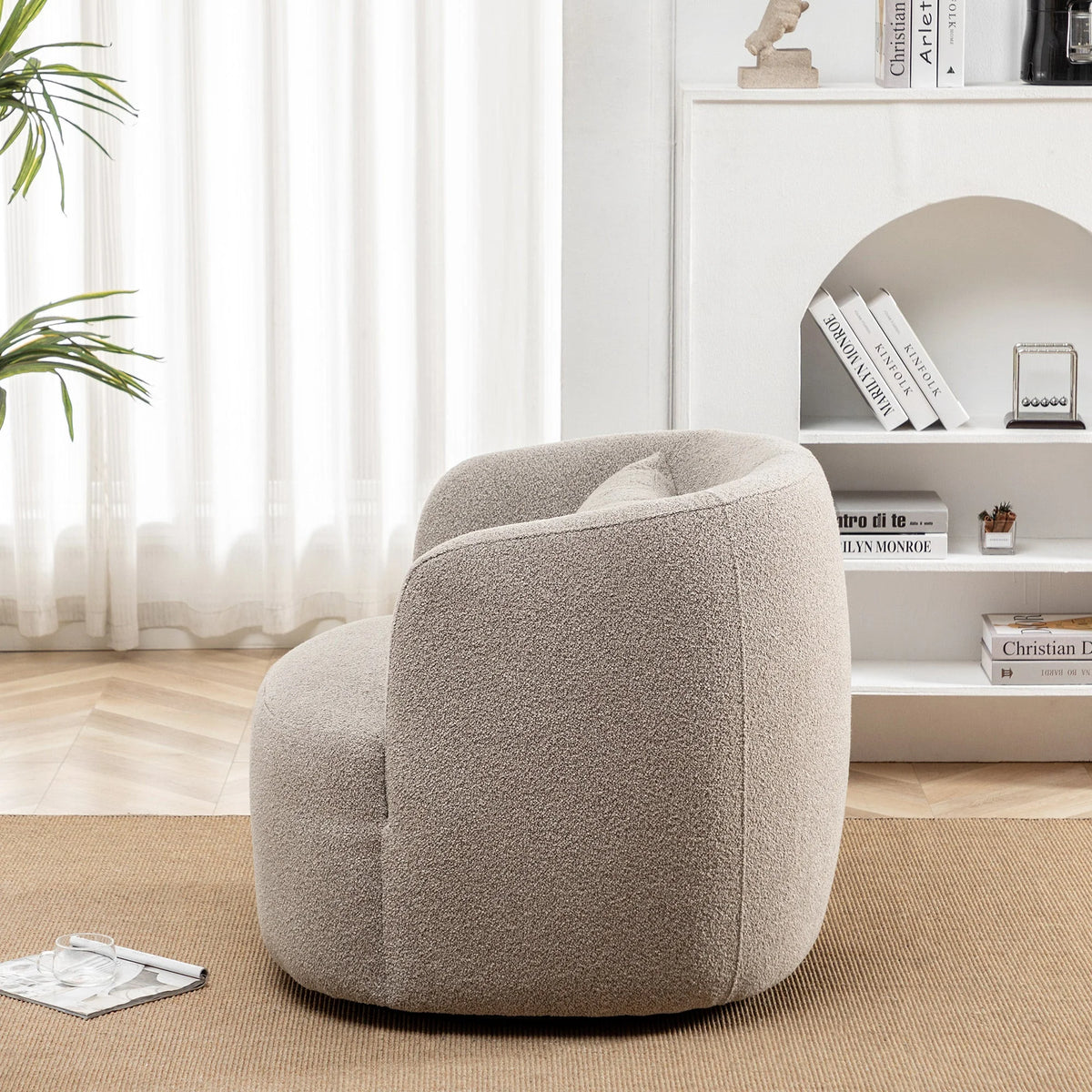 34" Wide Boucle Swivel Barrel Chair, No Assembly Round Upholstered Armchair Accent Chair Single Sofa Chair with Toss Pillow for Living Room and Bedroom, Taupe