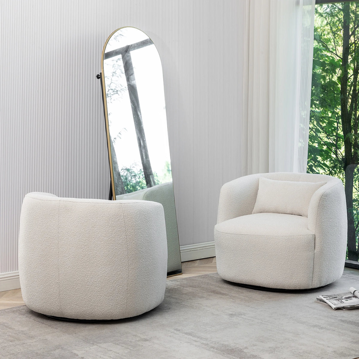 34" Wide Boucle Swivel Barrel Chair, No Assembly Round Upholstered Armchair Accent Chair Single Sofa Chair with Toss Pillow for Living Room and Bedroom, Taupe