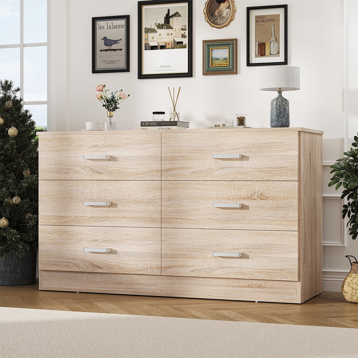 Winkalon 6 Drawer Oak Double Dresser, Wood Storage Cabinet with Easy Pull Out Handles for Living Room, Chest of Drawers for Bedroom