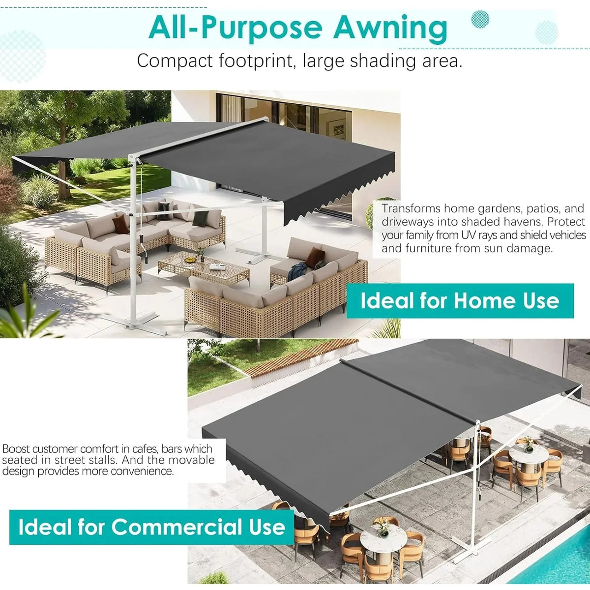 AECOJOY Free Standing Retractable Awning, 10'x10' Dual Side Patio Awnings Outdoor Manual Sun Shade Shelter, Dark Grey