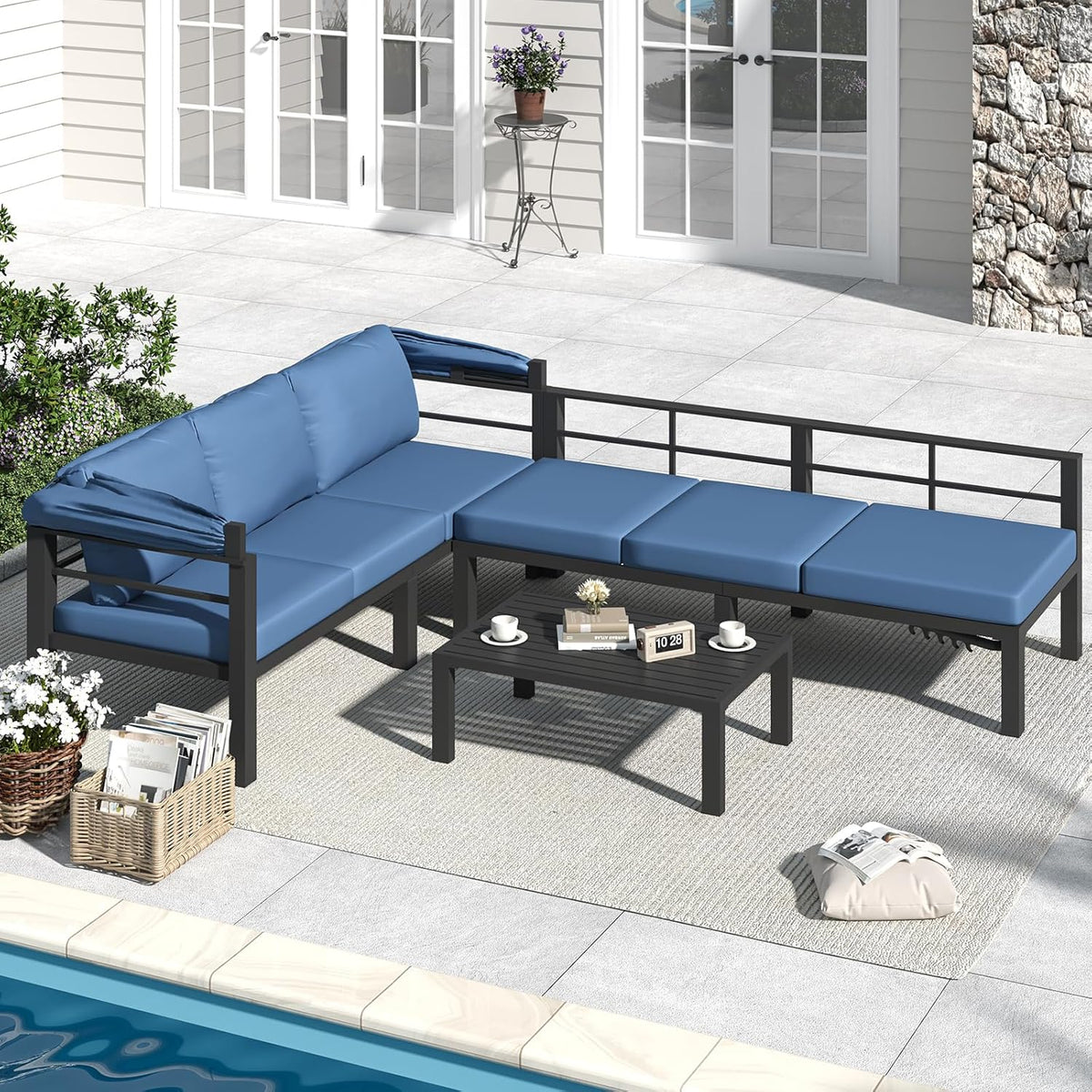 AECOJOY Patio Furniture Set with Retractable Canopy&2 Adjustable Backrests, Outdoor Conversation Set, Dark Blue
