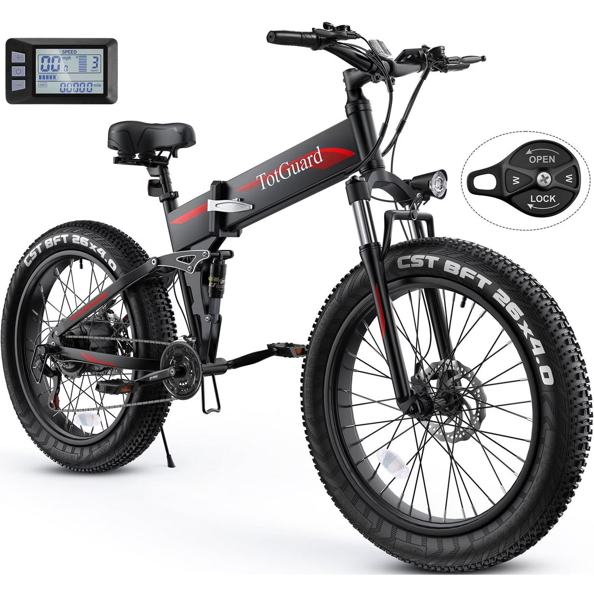 Totguard 26"x4" Electric Bike, Fat Tire 500W Ebike, Foldable Electric Bicycles E Bikes for Adults Electric 48V 10ah Battery, Dual Shock Absorber, Lockable Fork UL2849