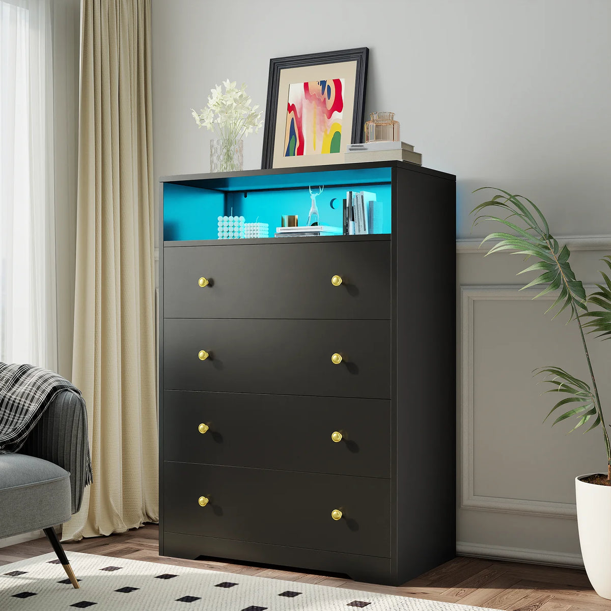 4 - Drawer Black Wood Dresser with LED Lights, Modern Chest of Drawers for Bedroom, Living Room