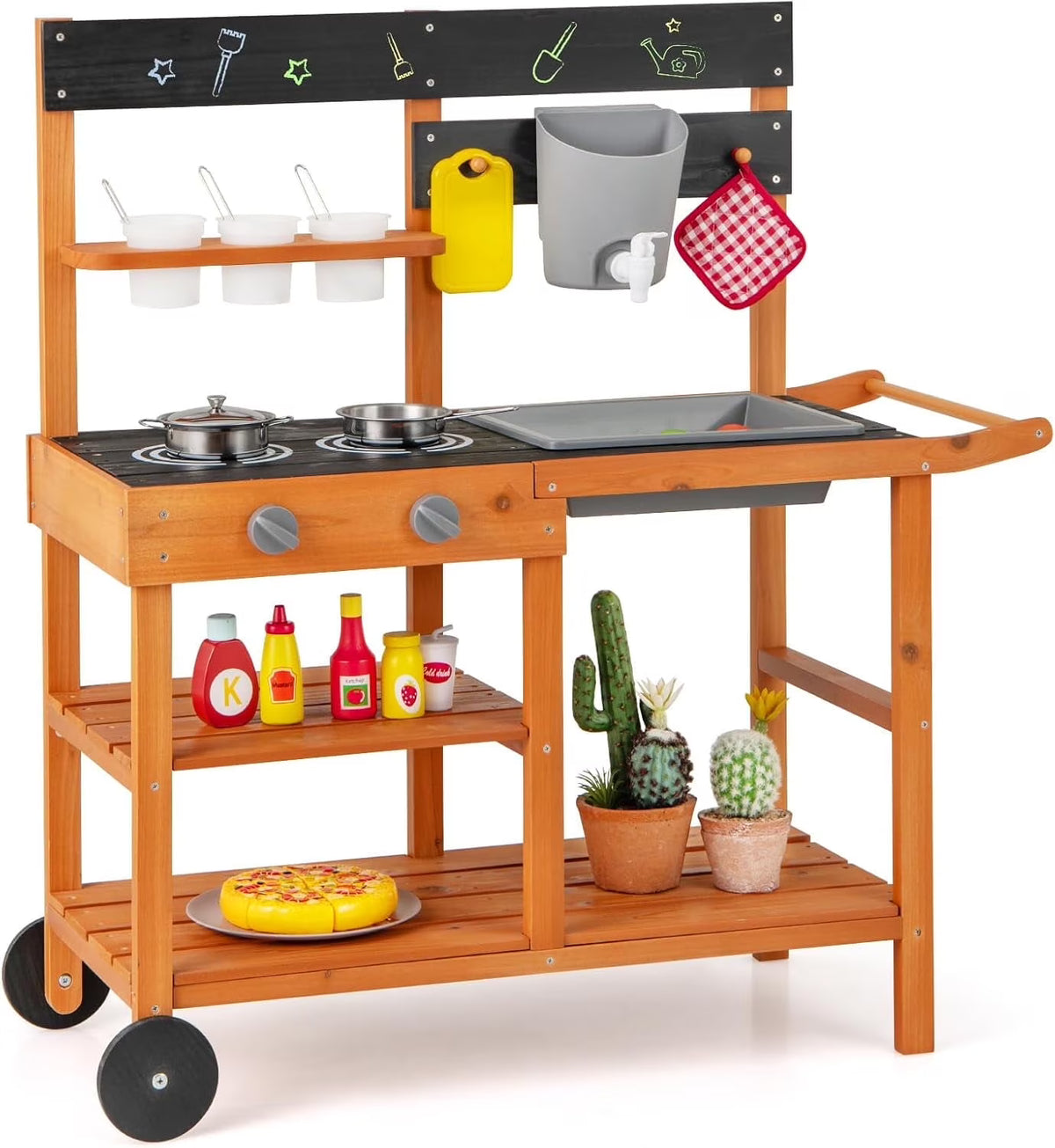 OLAKIDS Mud Kitchen, Outdoor Play Kitchen with Wheels 3 Cups Removable Sink Cooking Accessories Wooden Kids Kitchen Playset Backyard Garden Toys Gift for Boys Girls Ages 3+