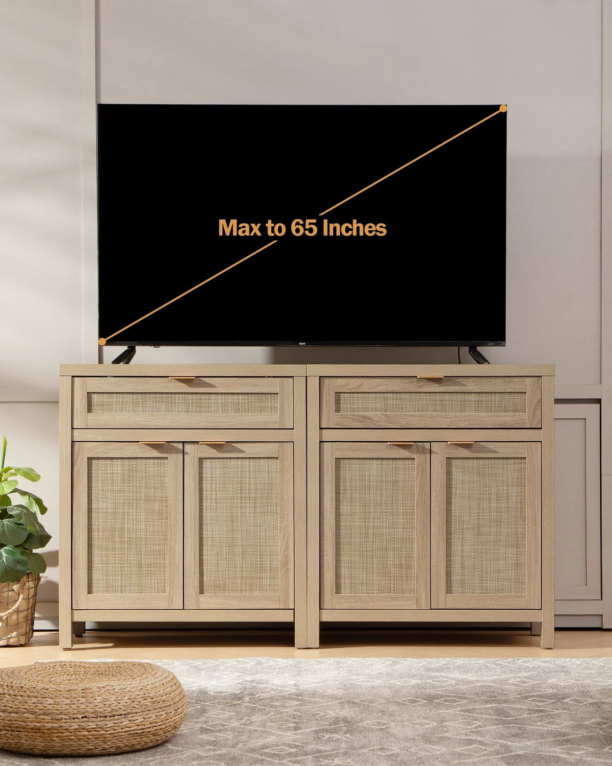 Nopurs Rattan Sideboard Buffet Cabinet Set of 2, Boho Storage Cabinet Buffet Table with Doors and Drawer, Coffee Bar Cabinet for Kitchen Entryway Living Dining Room, Light Oak