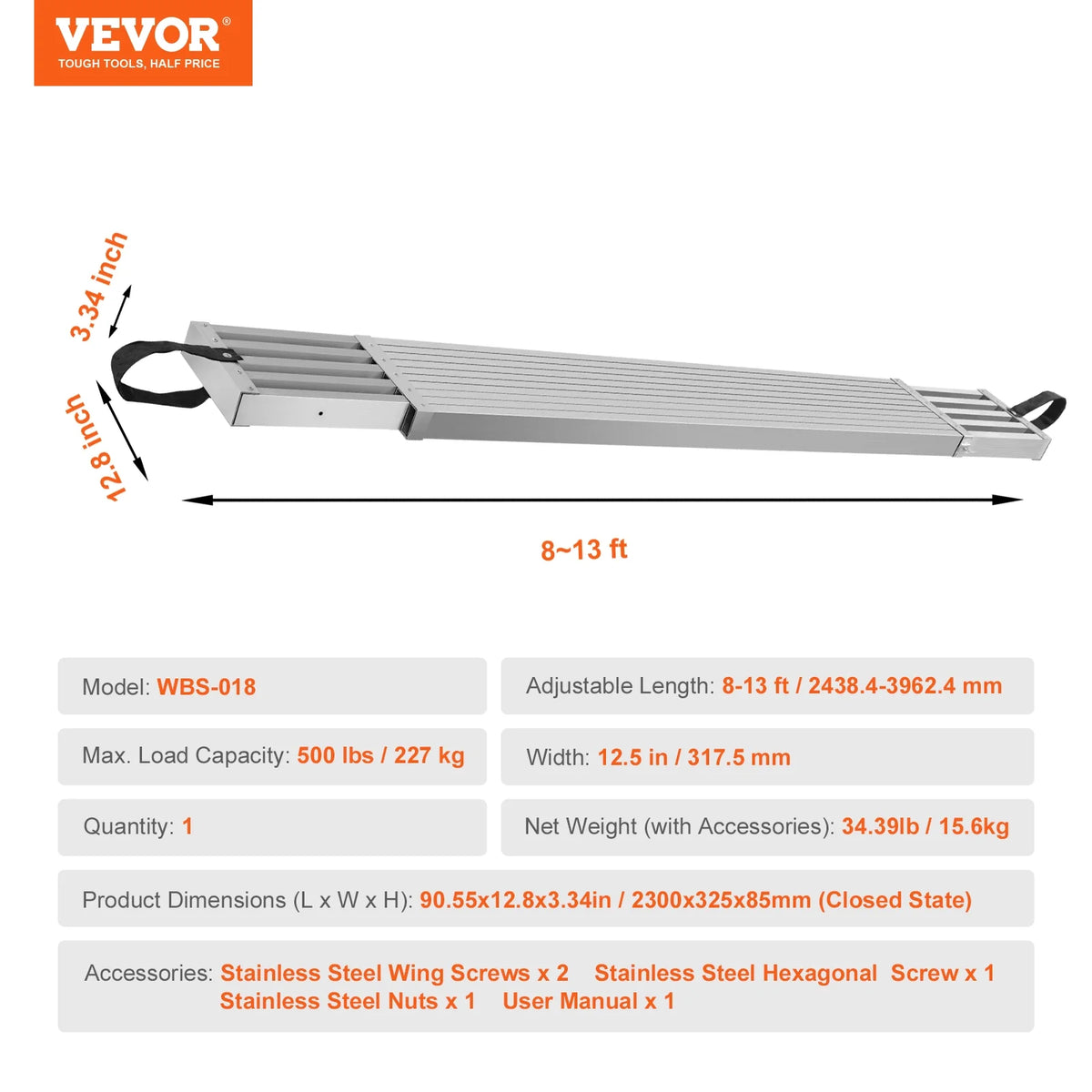 VEVOR Telescoping Aluminum Work Plank, 8 - 13 Feet 500 lb Capacity, 12.5 in Width Aluminum Scaffold Plank, Extension Staging Plank with Skid - Proof Platform Scaffold Ladder Accessory