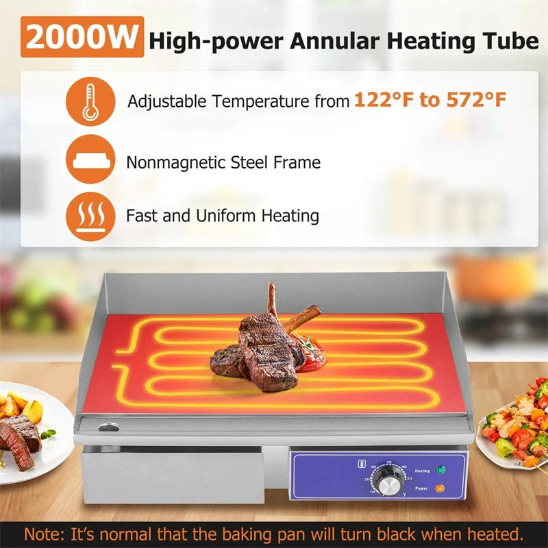 22" Commercial Electric Griddle 2000W, Stainless Steel Flat Top Grill w/ Cast Iron Plate & 122°F-572°F Adjustable Temp, Kitchen Countertop Teppanyaki