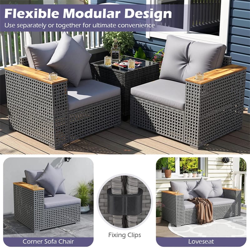 62.5" Patio Wicker Loveseat w/ Acacia Wood Armrests & Cup Holders, 2PCS Modular Rattan Corner Sectional Sofa w/ Cushions & Pillows for Backyard