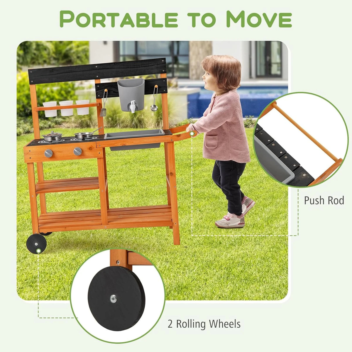 OLAKIDS Mud Kitchen, Outdoor Play Kitchen with Wheels 3 Cups Removable Sink Cooking Accessories Wooden Kids Kitchen Playset Backyard Garden Toys Gift for Boys Girls Ages 3+