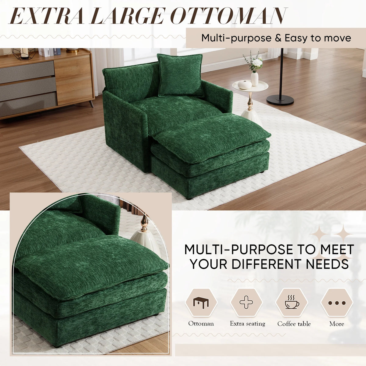 Muumblus Oversized Lounge Chair with Ottoman, Cloud Accent Armchair for Living Room, Beige Chenille