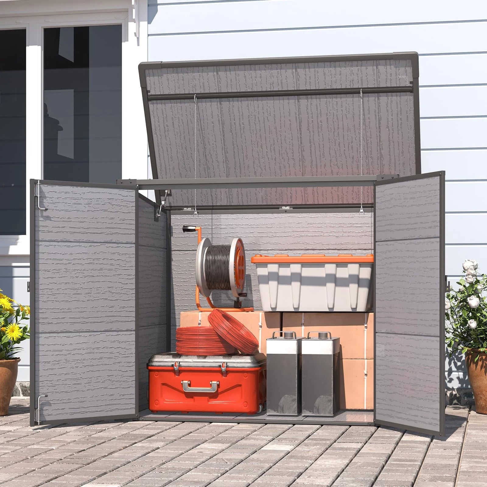 AECOJOY Resin Outdoor Trash Can Storage Shed, Plastic Garbage Can Shed for 2 Cans