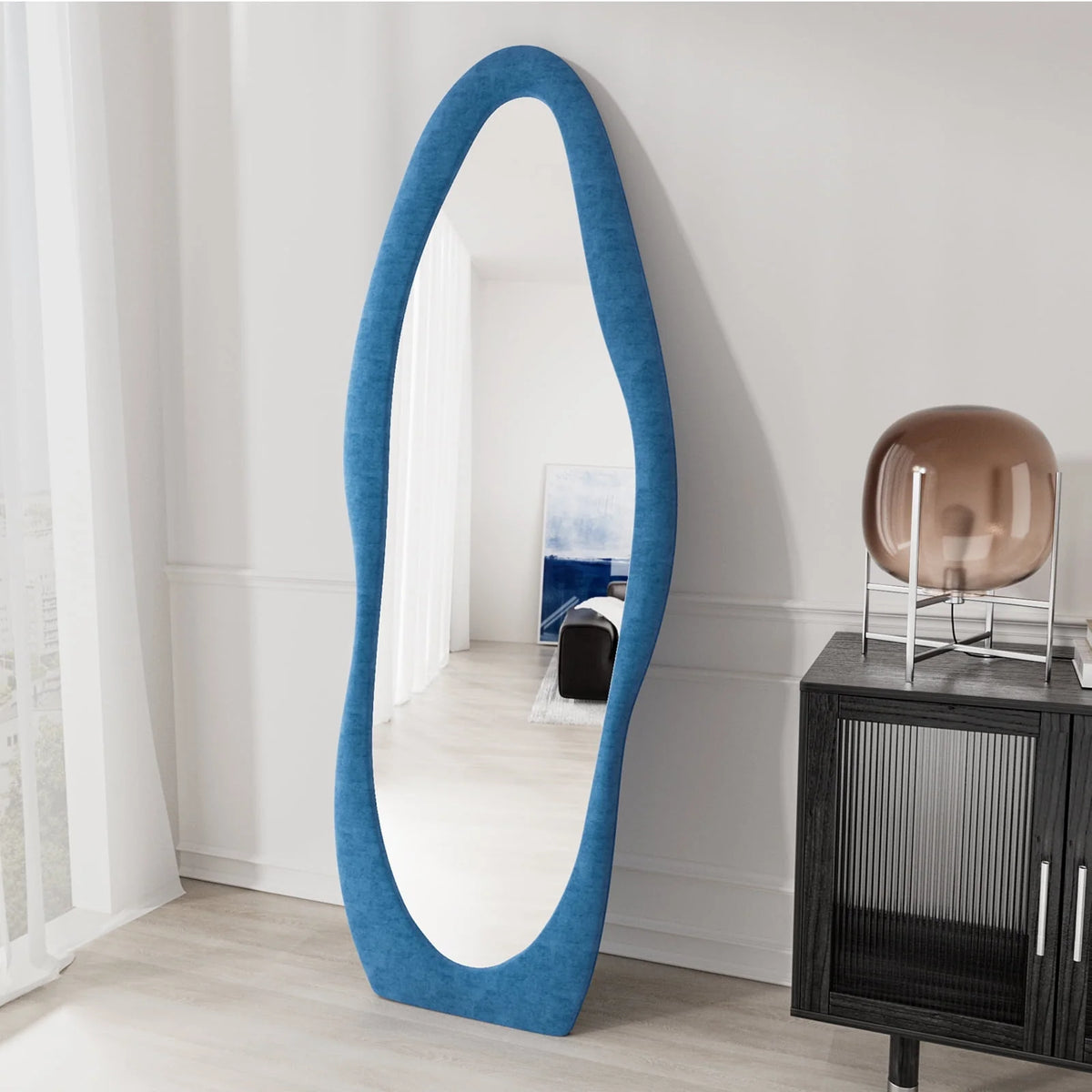 VLUSH Irregular Full Length Mirror, Floor Mirror Hanging & Leaning, 63"x24" Wavy Wall Mirror (Blue)
