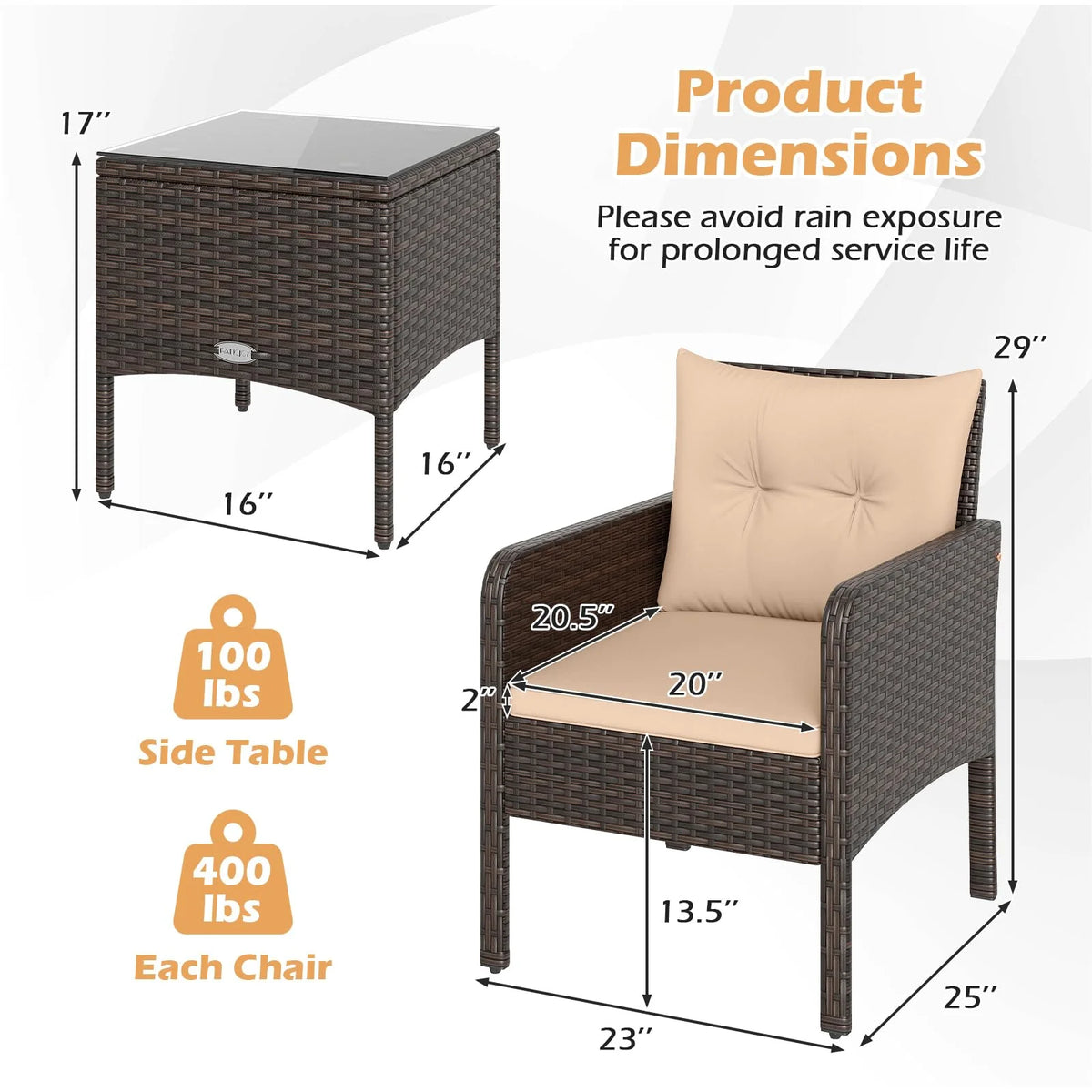 Tangkula 3 Piece Patio Bistro Set Rattan Wicker Outdoor Conversation Set with Cushions and Coffee Table