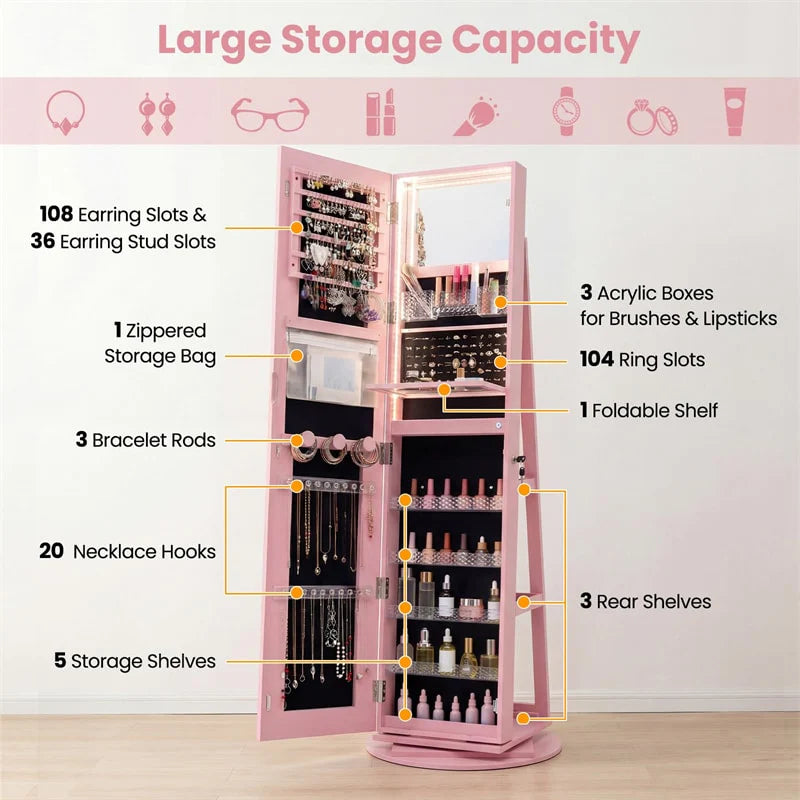 360° Swivel Jewelry Cabinet Armoire w/ Full Length Mirror 3-Color LED Lights & Rear Shelves, Lockable Standing Jewelry Storage Organizer