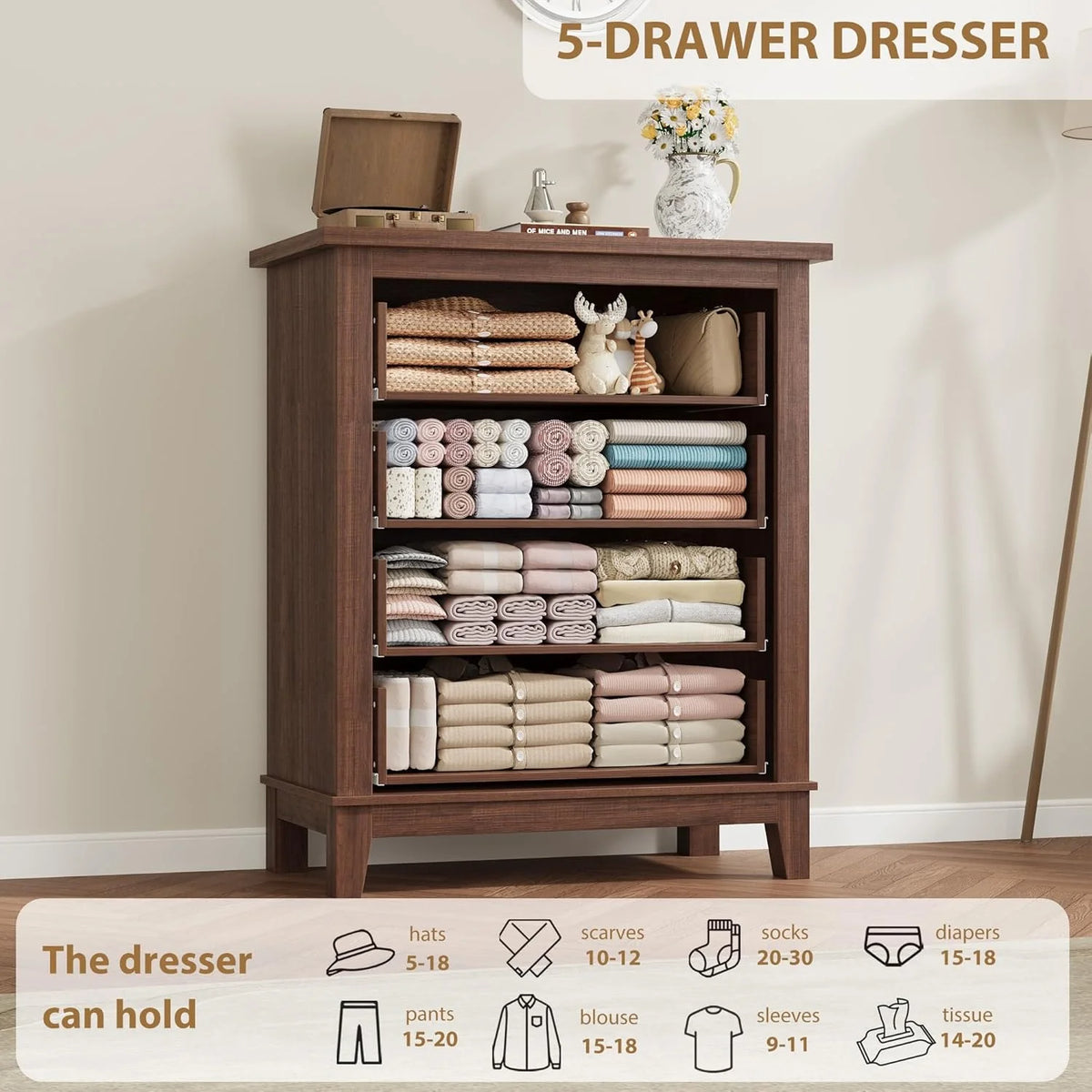 4 Drawer Dresser for Bedroom, 34.8" Tall Bedroom Dresser with Large Drawer& Black Handles, Wooden Storage Organizer Cabinet Chest of Drawer for Living Room, Hallway