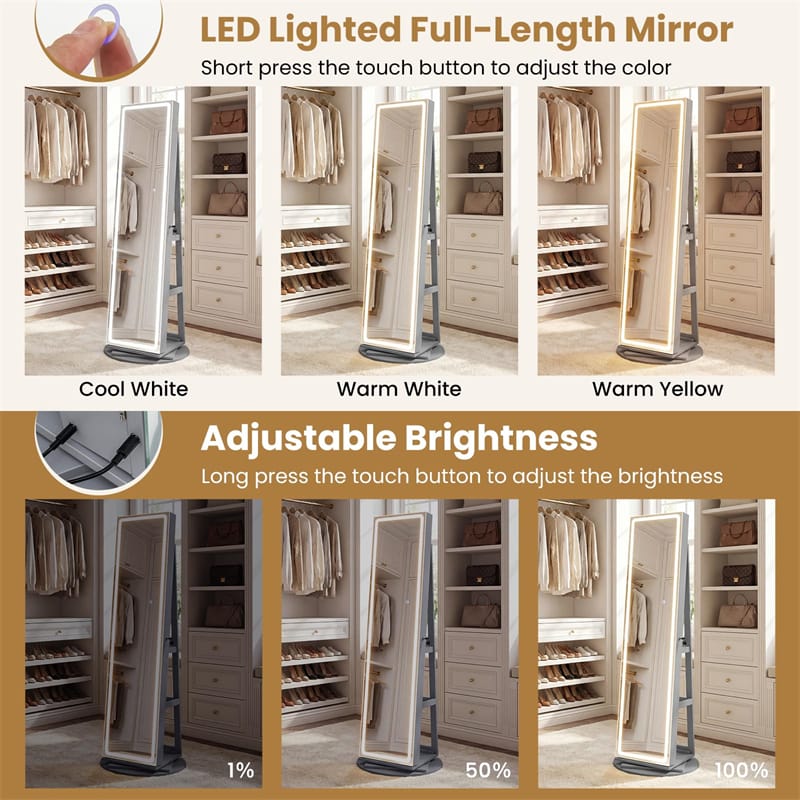 360° Swivel Jewelry Cabinet Armoire w/ Full Length Mirror 3-Color LED Lights & Rear Shelves, Lockable Standing Jewelry Storage Organizer
