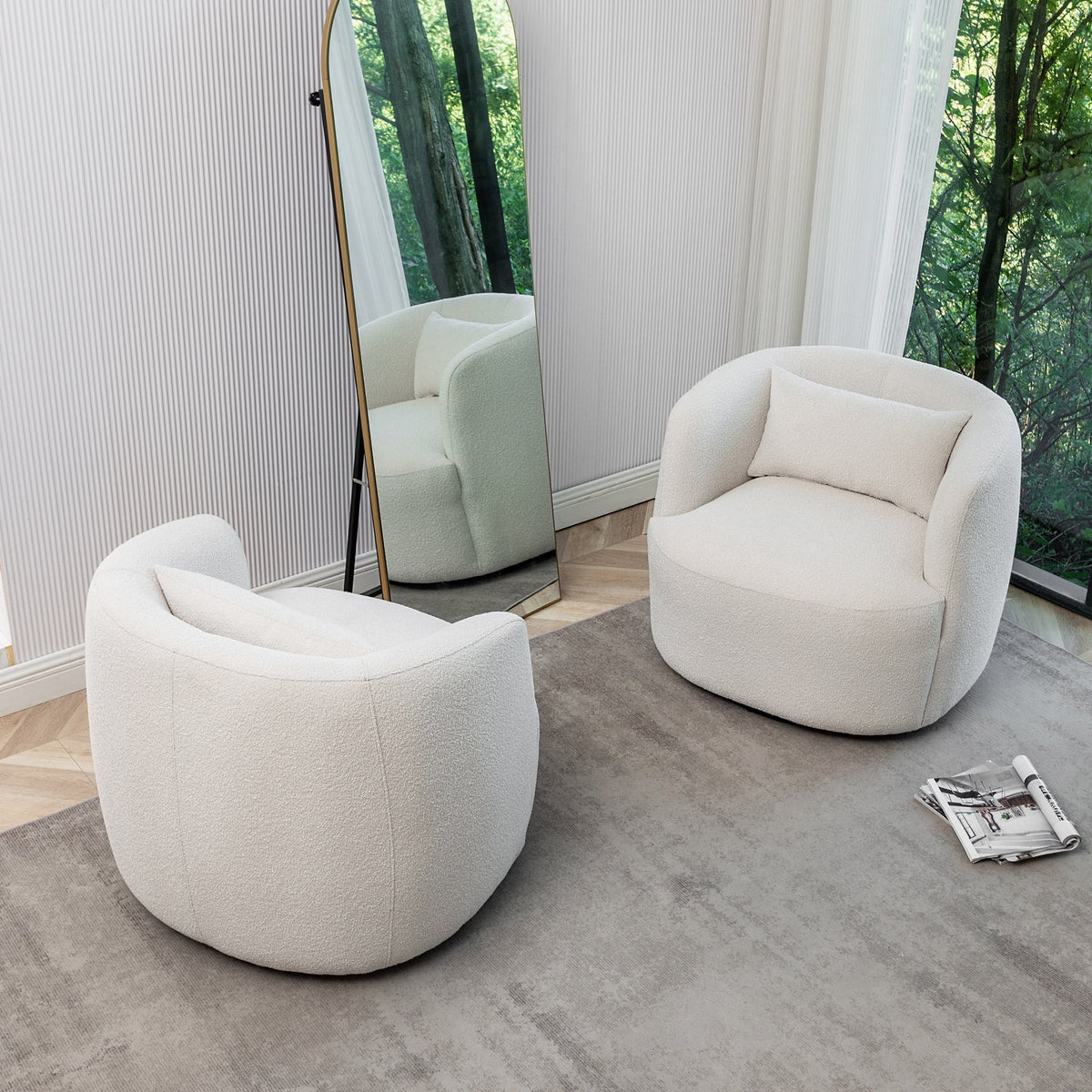 34" Wide Boucle Swivel Barrel Chair, No Assembly Round Upholstered Armchair Accent Chair Single Sofa Chair with Toss Pillow for Living Room and Bedroom, Taupe