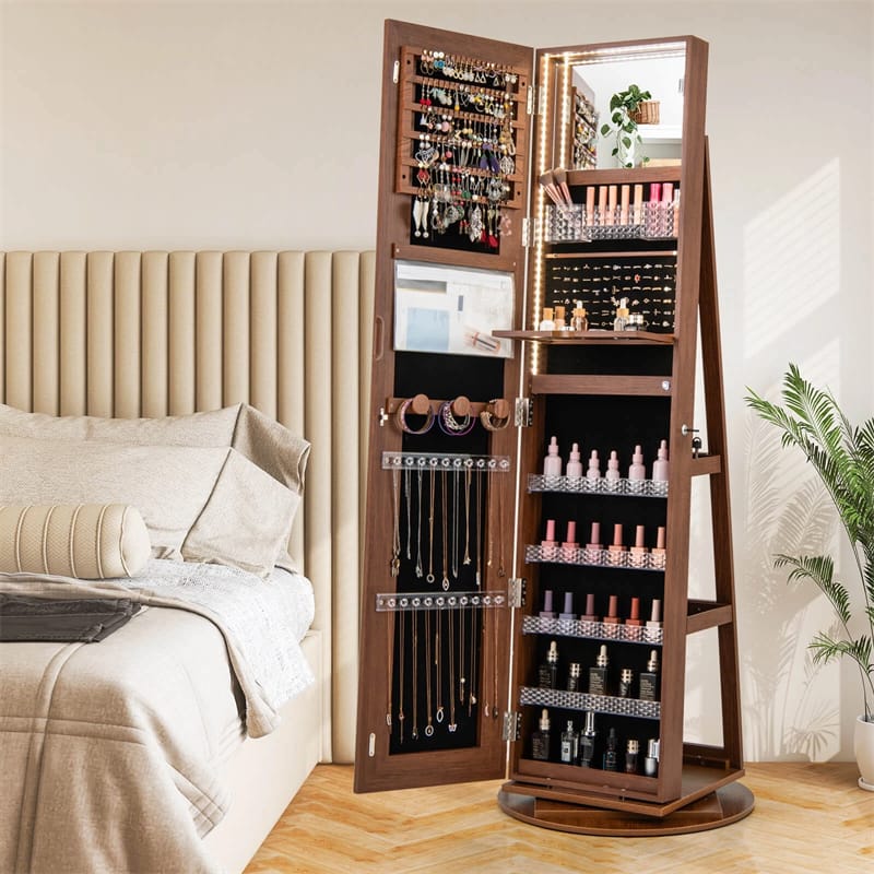 360° Swivel Jewelry Cabinet Armoire w/ Full Length Mirror 3-Color LED Lights & Rear Shelves, Lockable Standing Jewelry Storage Organizer