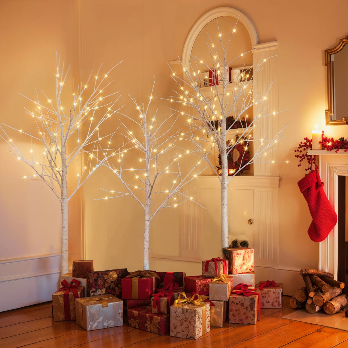 AECOJOY Set of Lighted Birch Tree, 4FT/5FT/6FT LED Artificial Tree with Warm White Lights, Christmas Tree for Decoration