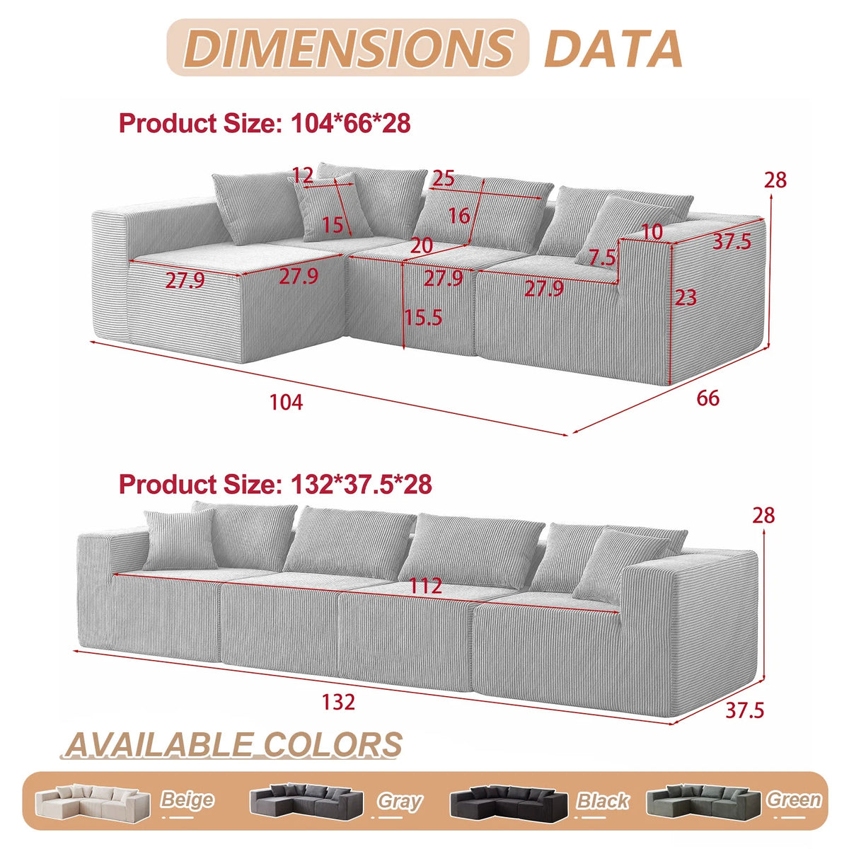104 - Inch Corduroy Modular L Shaped Sectional Sofa, Luxury Floor Couch Set, Upholstered Indoor Furniture, Foam - Filled Compressed Sofa for Living Room, Bedroom, 4 PC Free Combination ?