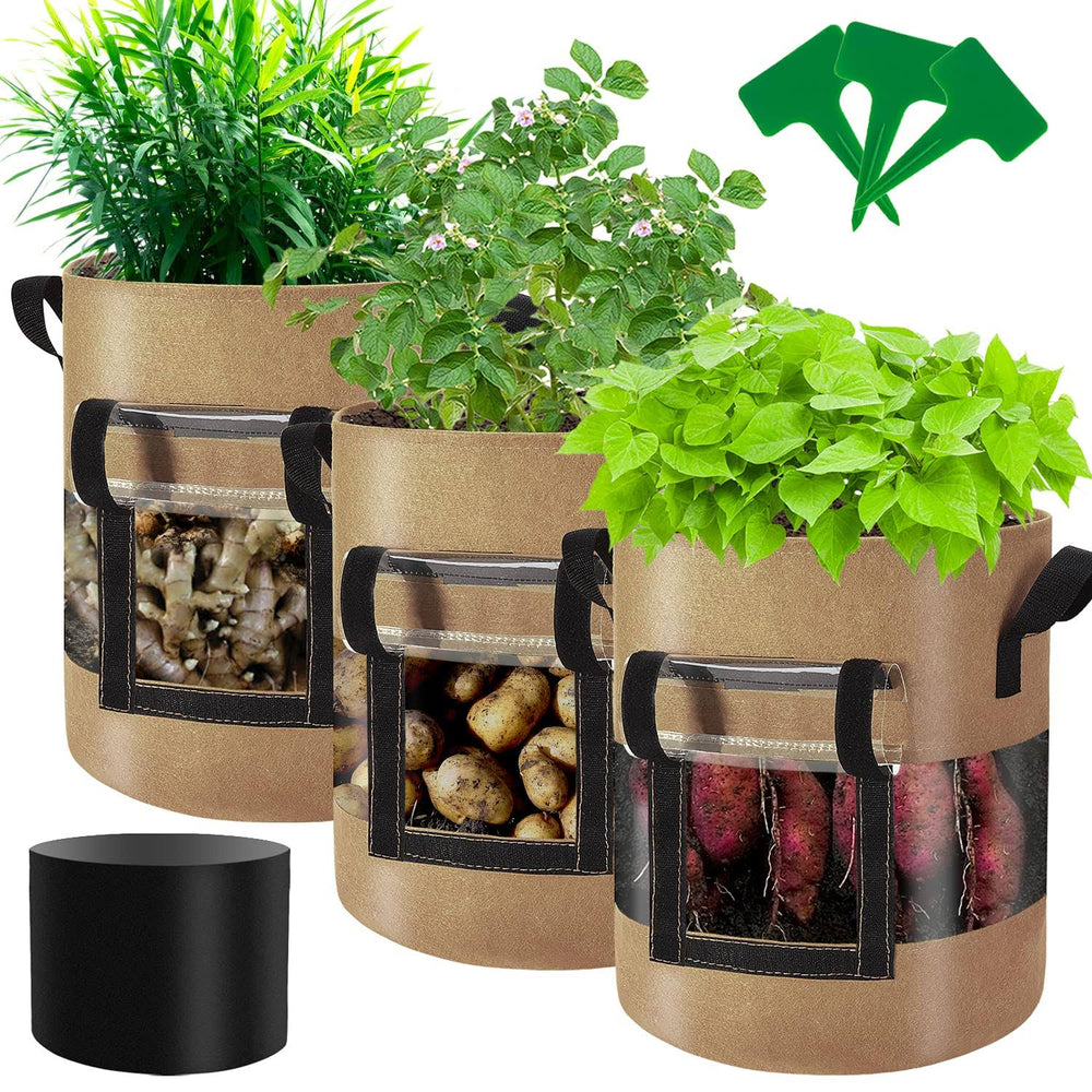 Florelf Visible Strawberry Sweet Potato Grow Bags 7 Gallon with Flap Window 3-Pack, Heavy Duty Thickened Aeration Nonwoven Fabric Pots with Handles,