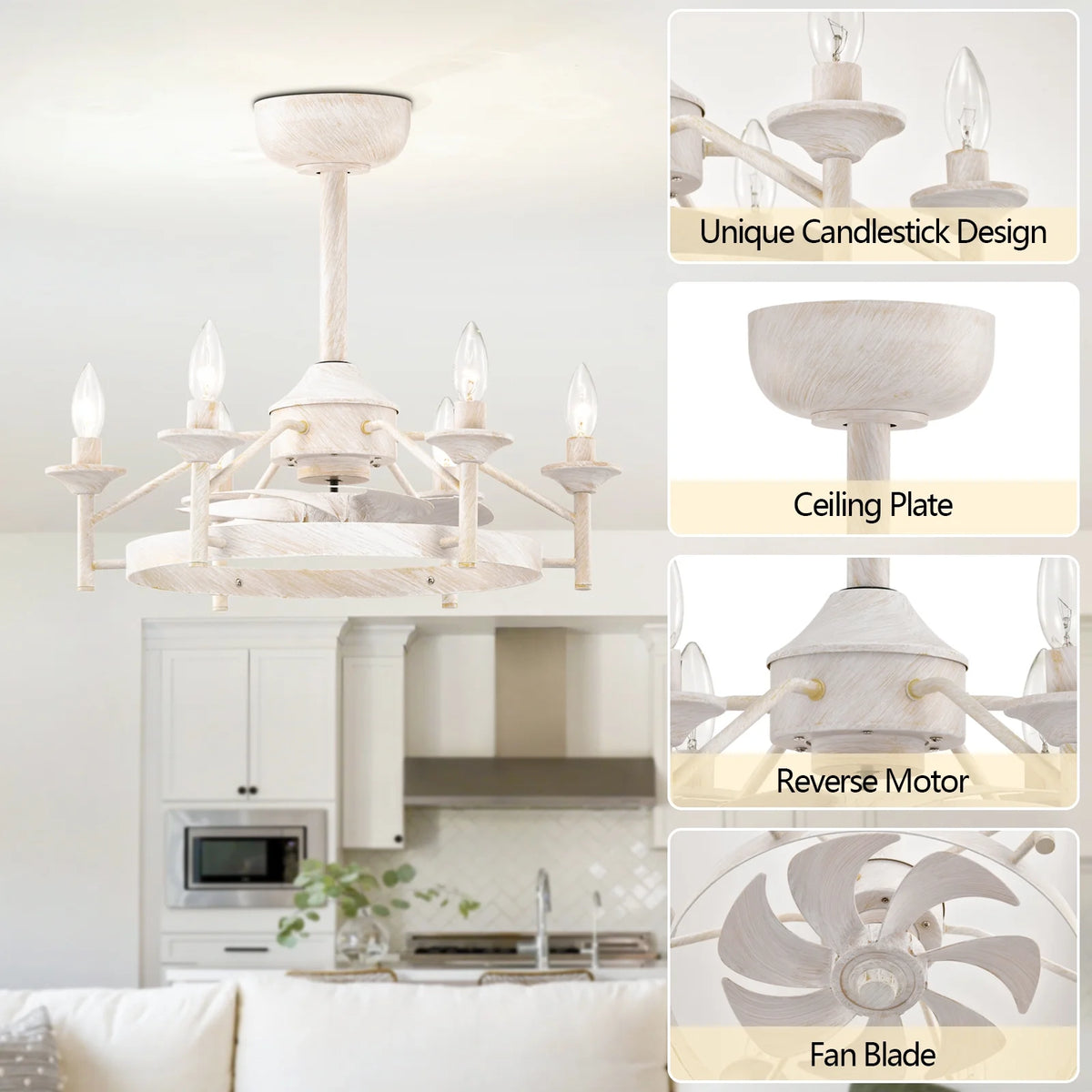 Maxax Candlestick Ceiling Fan with Light, 21" White Vintage Ceiling Fan with Remote Control, 6 Speeds Reversible Timing Ceiling Fan for Bedroom, Living Room