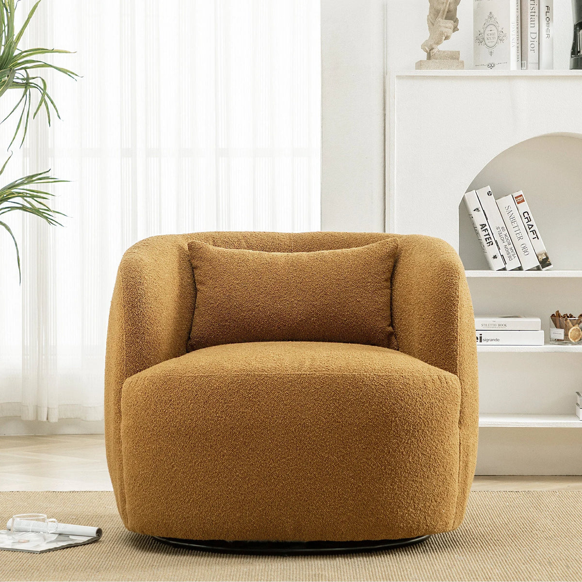 34" Wide Boucle Swivel Barrel Chair, No Assembly Round Upholstered Armchair Accent Chair Single Sofa Chair with Toss Pillow for Living Room and Bedroom, Taupe