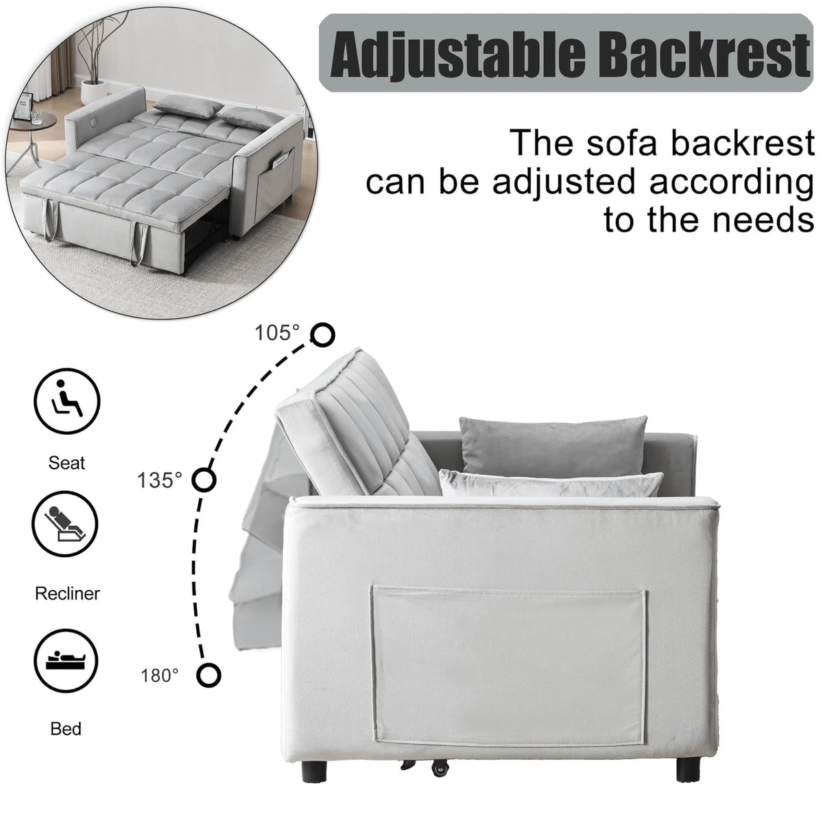 Velvet 3 - in - 1 Convertible Sofa Bed - USB Charging, Adjustable Backrest Pull - Out Couch Loveseat Sleeper for Living Room, Apartment & Small Space, Black