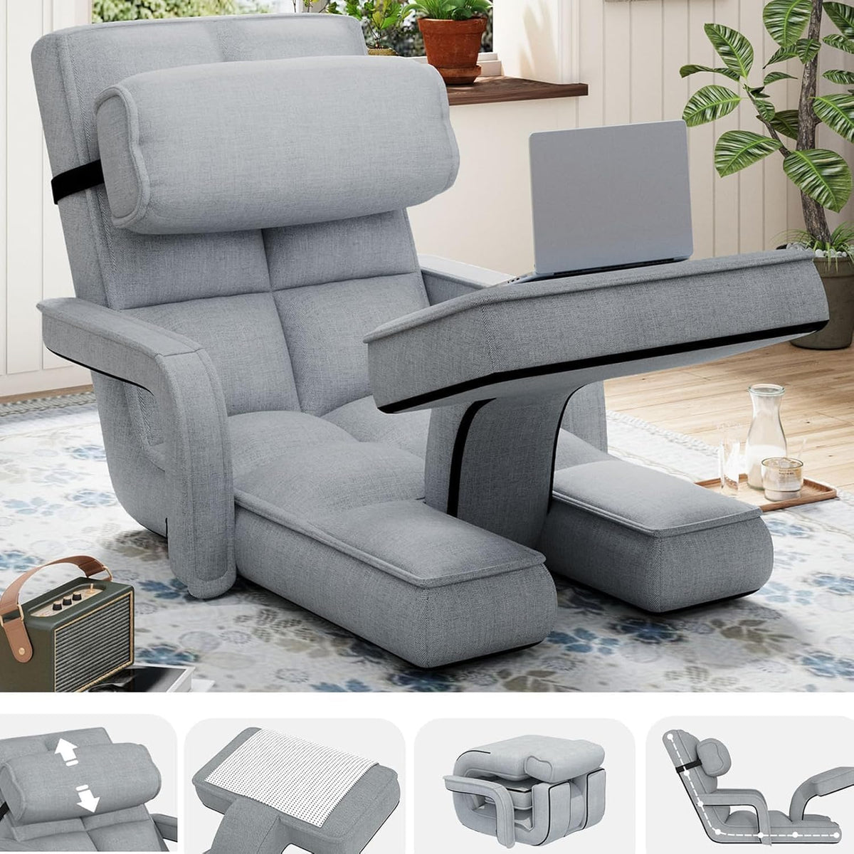 AECOJOY Floor Chair, Padded Folding Gaming Chair with 14-Level Adjustable Backrest, Portable Lazy Sofa