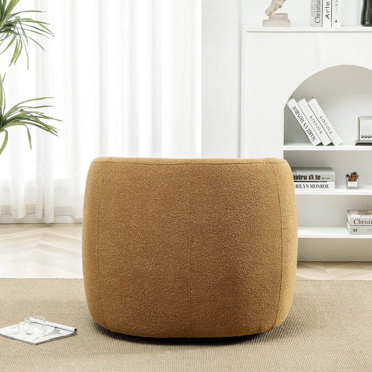 34" Wide Boucle Swivel Barrel Chair, No Assembly Round Upholstered Armchair Accent Chair Single Sofa Chair with Toss Pillow for Living Room and Bedroom, Taupe