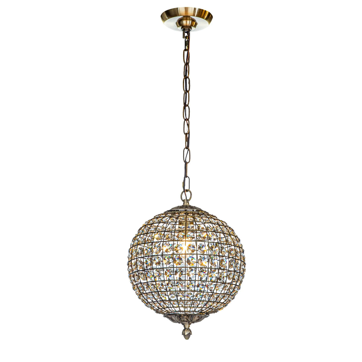 1 - Light 12" Retro Antique Gold Crystal Globe Chandelier Small Sphere Pendant Light